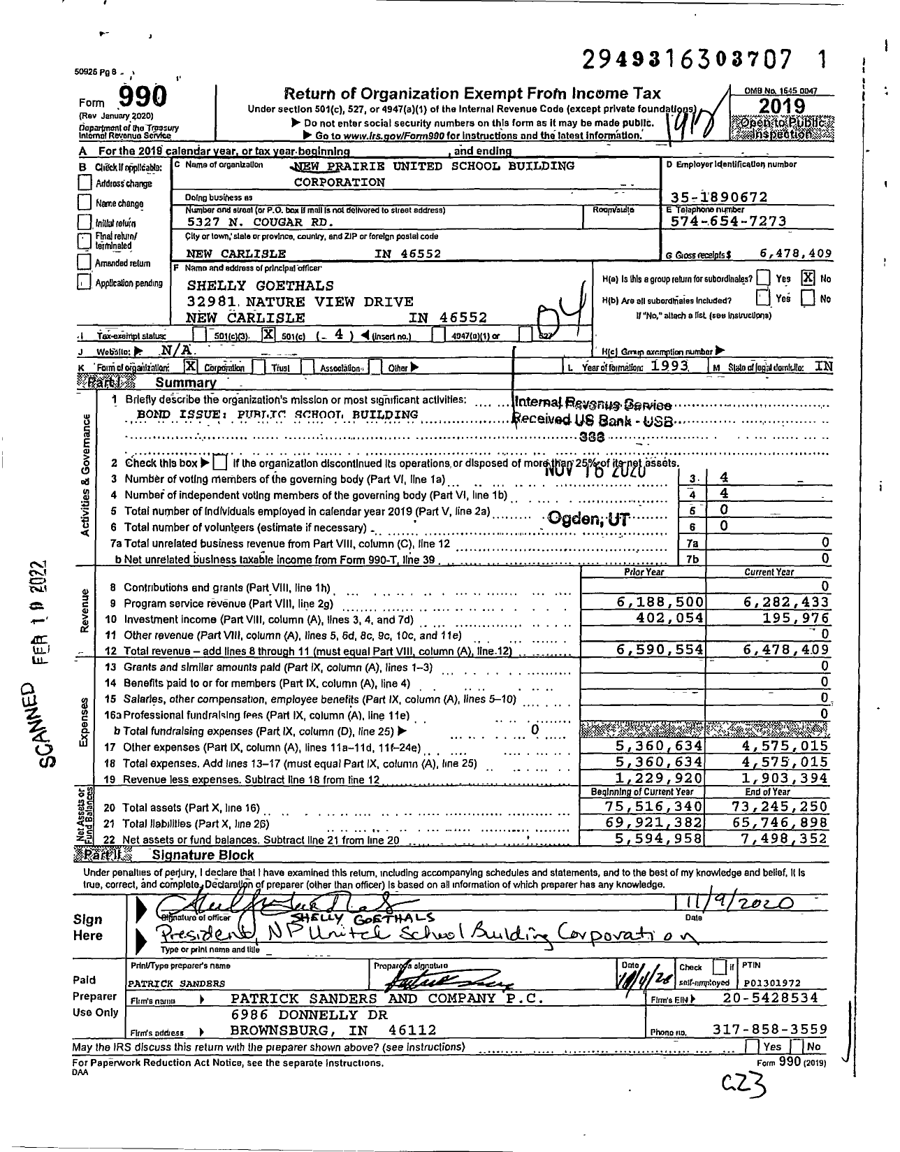 Image of first page of 2019 Form 990O for New Prairie United School Building Corporation
