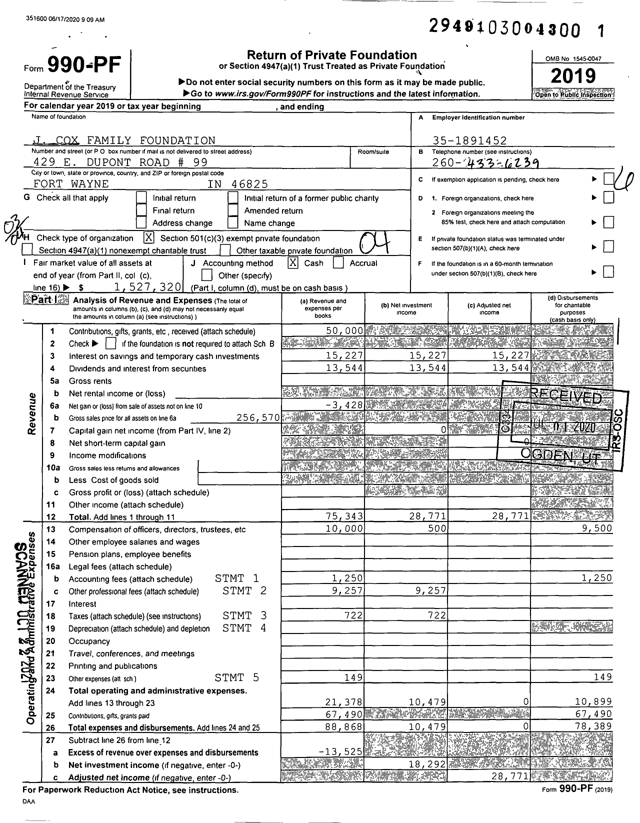 Image of first page of 2019 Form 990PF for J Cox Family Foundation