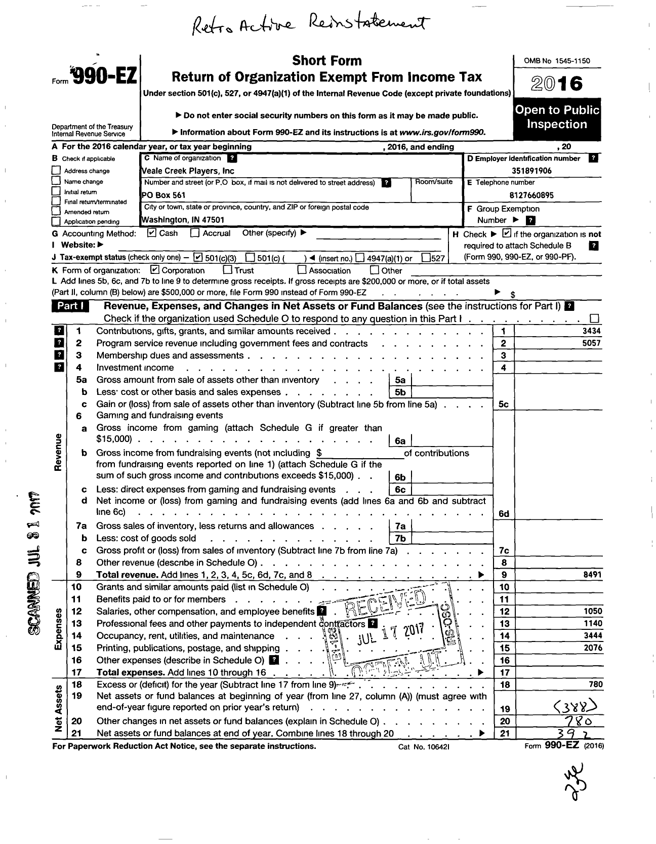 Image of first page of 2016 Form 990EZ for Veale Creek Players