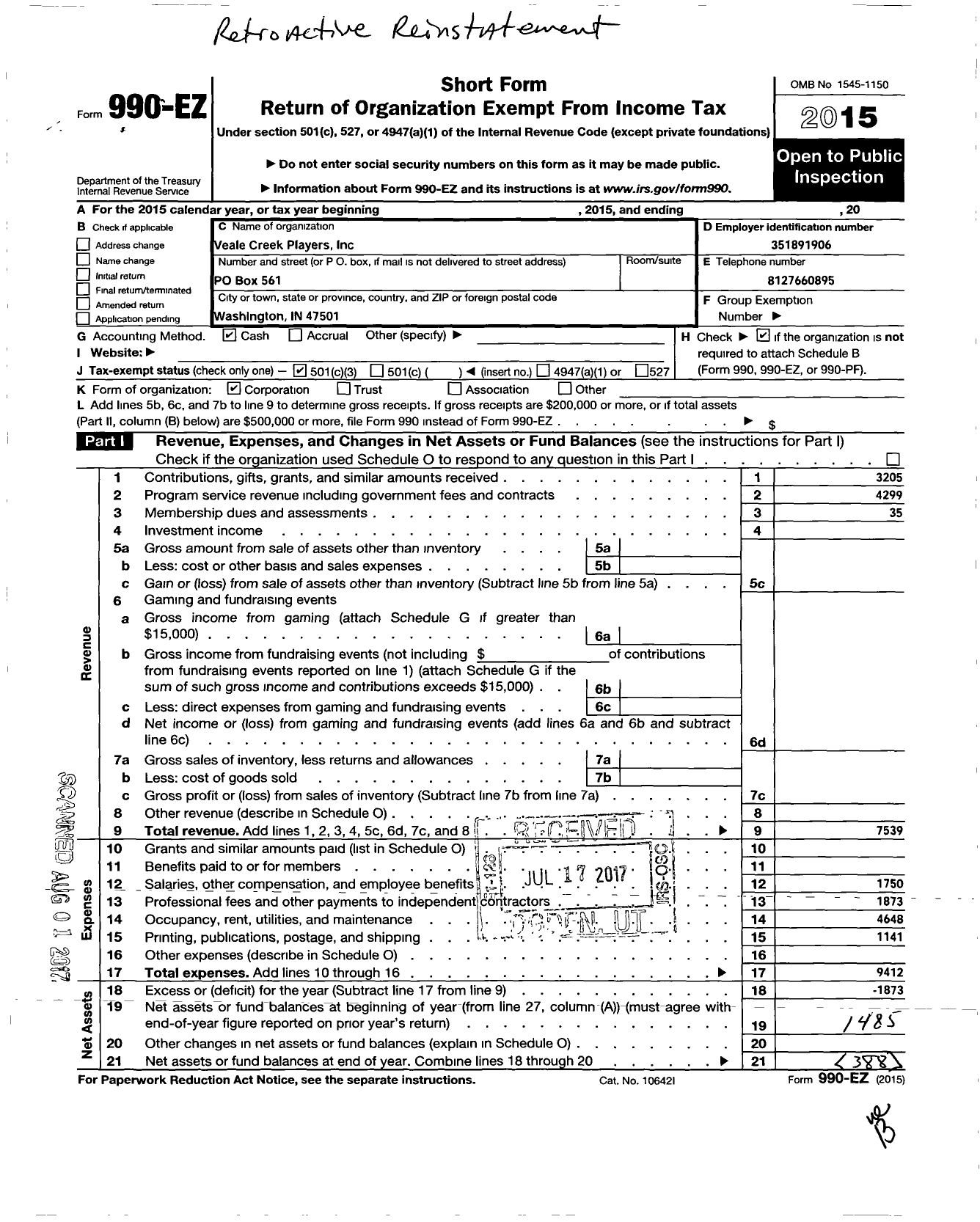 Image of first page of 2015 Form 990EZ for Veale Creek Players