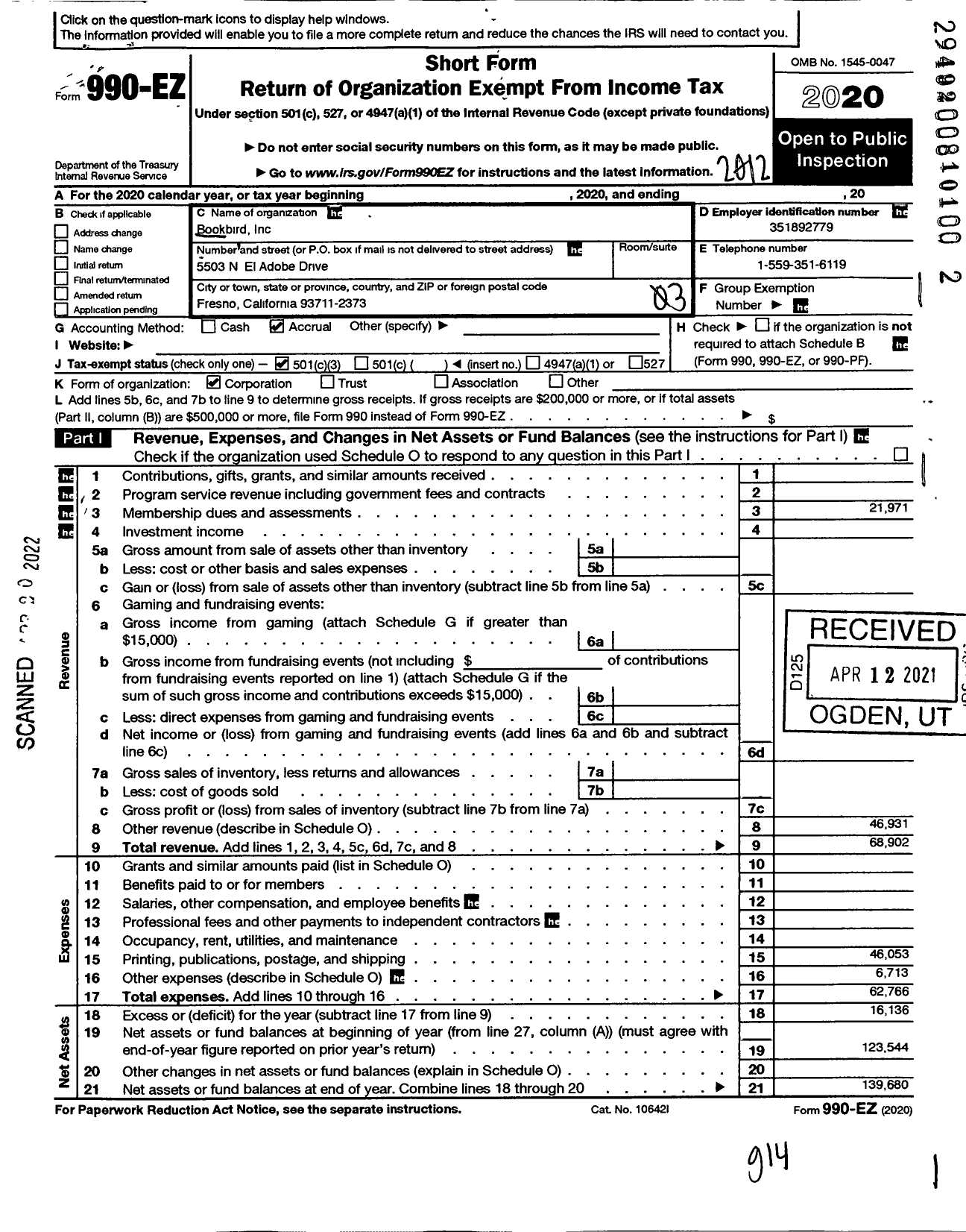 Image of first page of 2020 Form 990EZ for Bookbird