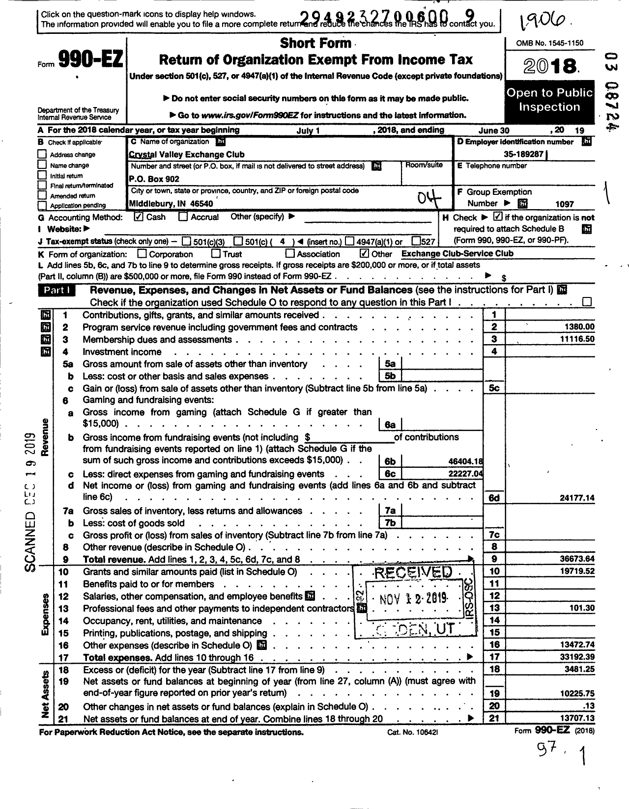 Image of first page of 2018 Form 990EO for NATIONAL Exchange CLUB - 1496 Crystal Valley XC of Middlebur