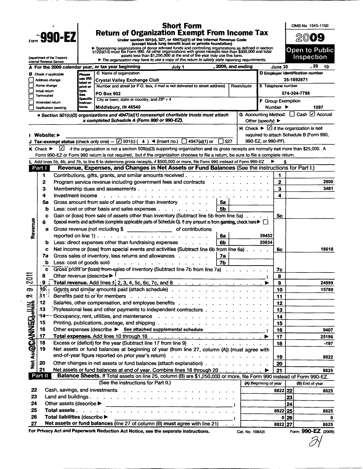 Image of first page of 2009 Form 990EO for NATIONAL Exchange CLUB - 1496 Crystal Valley XC of Middlebur