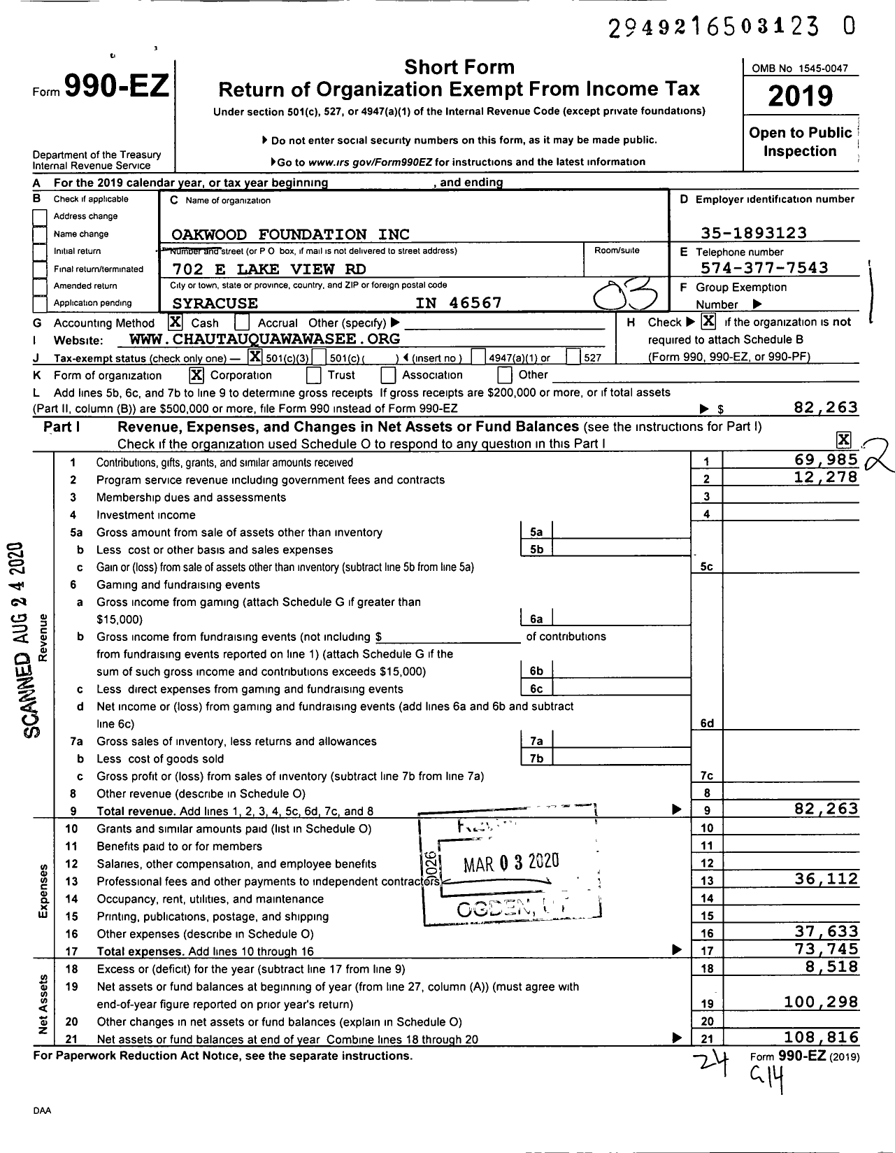 Image of first page of 2019 Form 990EZ for Oakwood Foundation