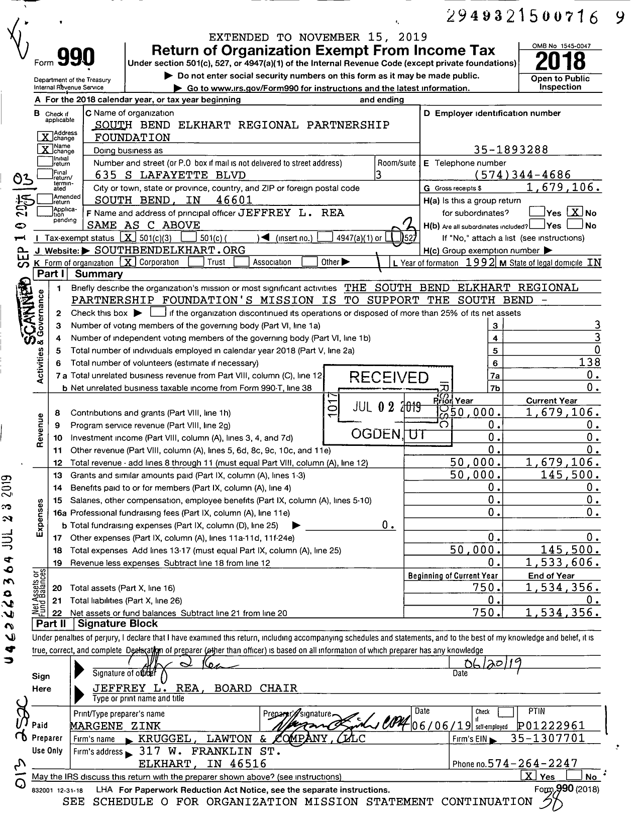 Image of first page of 2018 Form 990 for South Bend Elkhart Regional Partnership Foundation