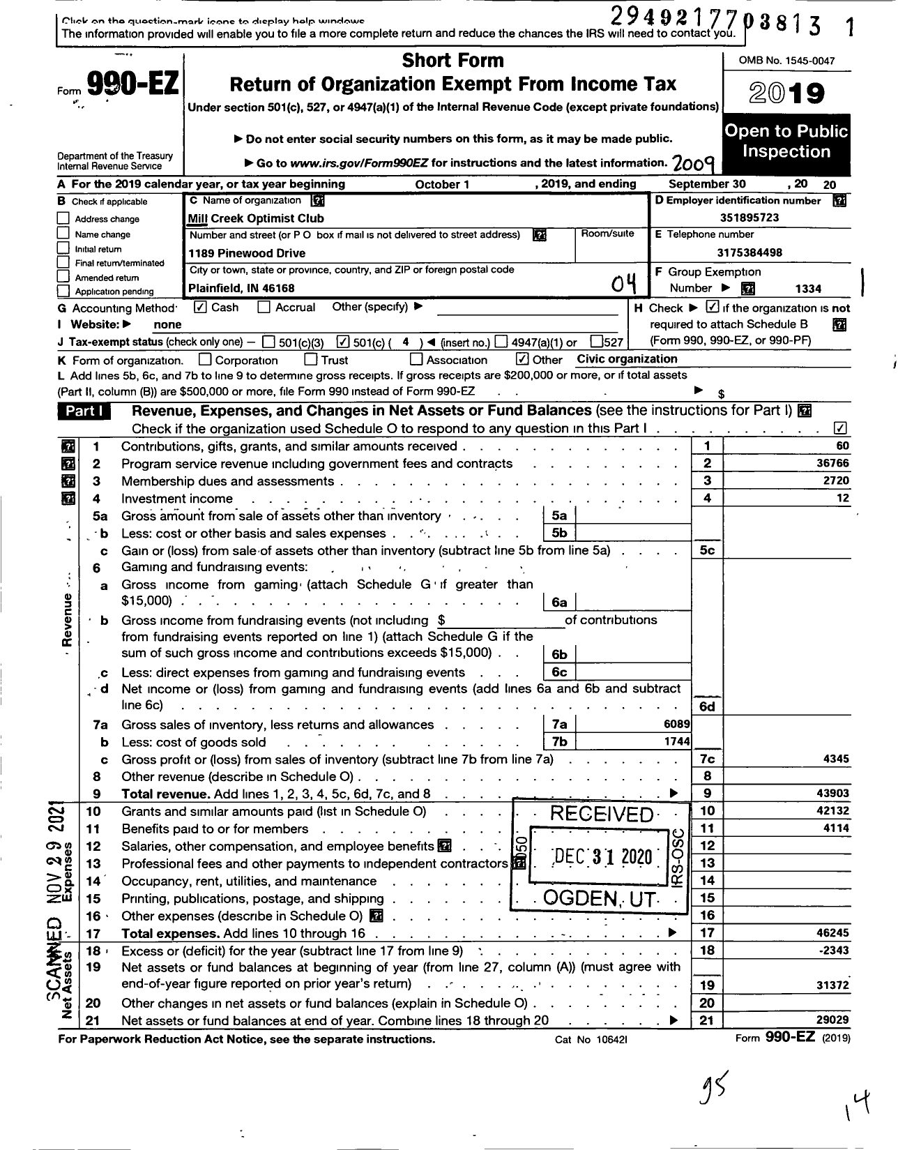 Image of first page of 2019 Form 990EO for OPTIMIST INTERNATIONAL - 05351 Mill Creek Oc of Indiana