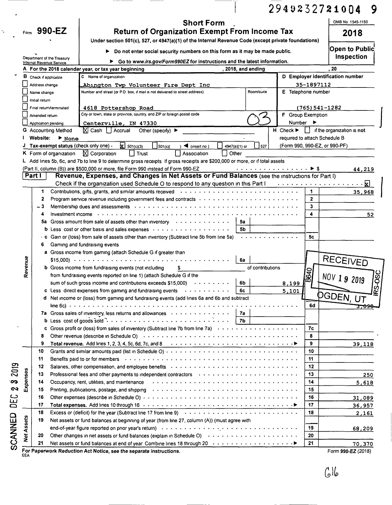 Image of first page of 2018 Form 990EZ for Abington Twp Volunteer Fire Dept