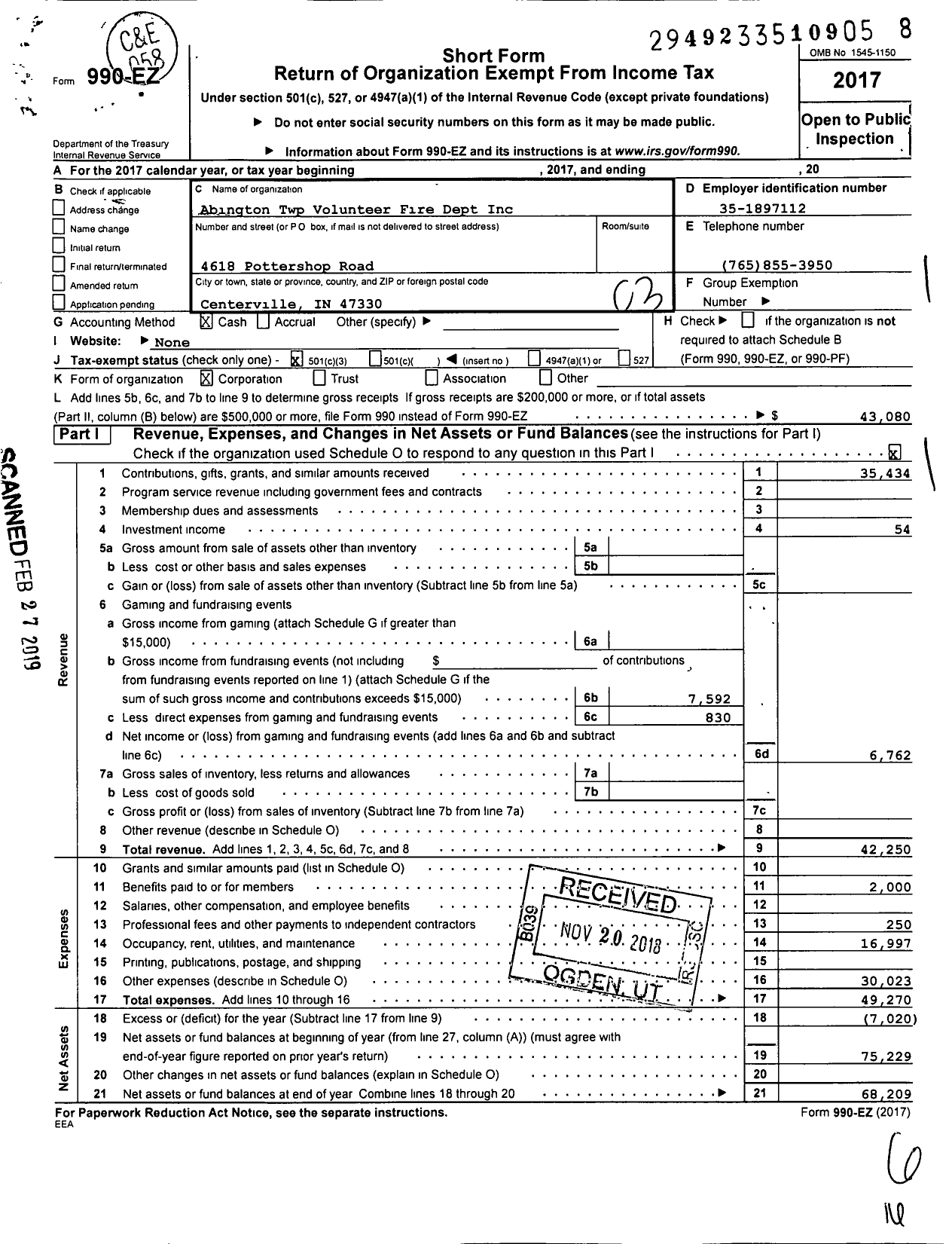 Image of first page of 2017 Form 990EZ for Abington Twp Volunteer Fire Dept