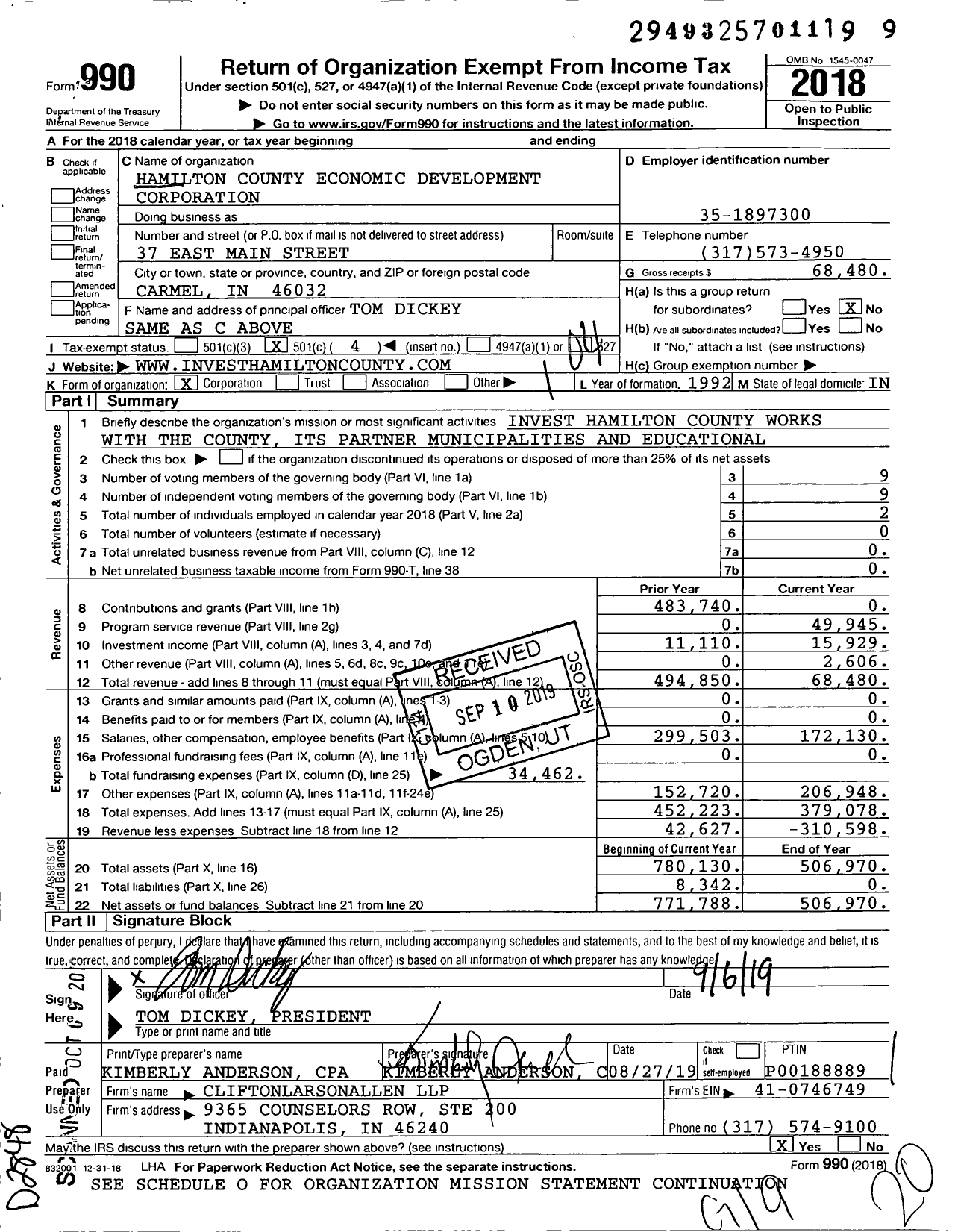 Image of first page of 2018 Form 990O for Hamilton County Economic Development Corporation