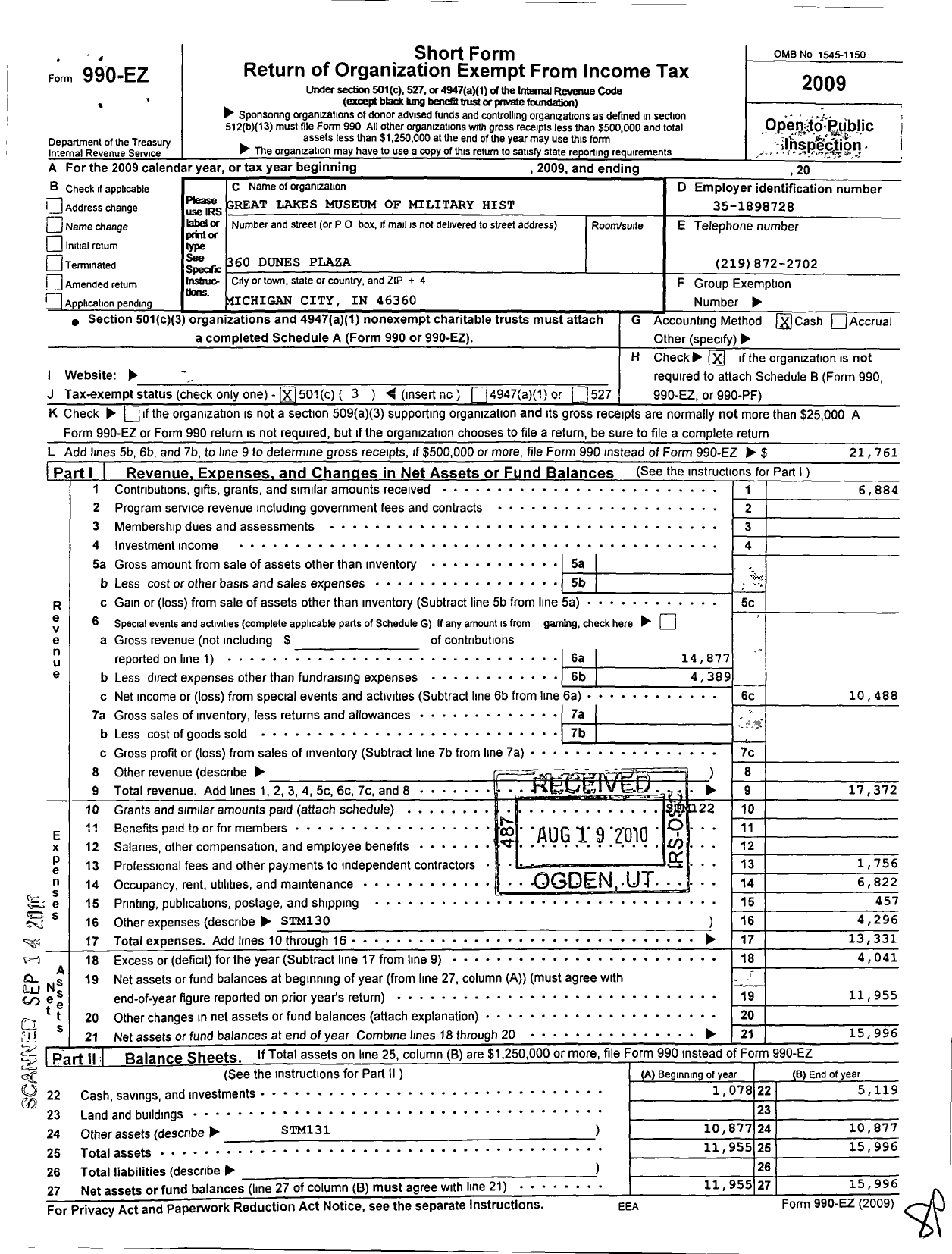 Image of first page of 2009 Form 990EZ for The Great Lakes Museum of Military History