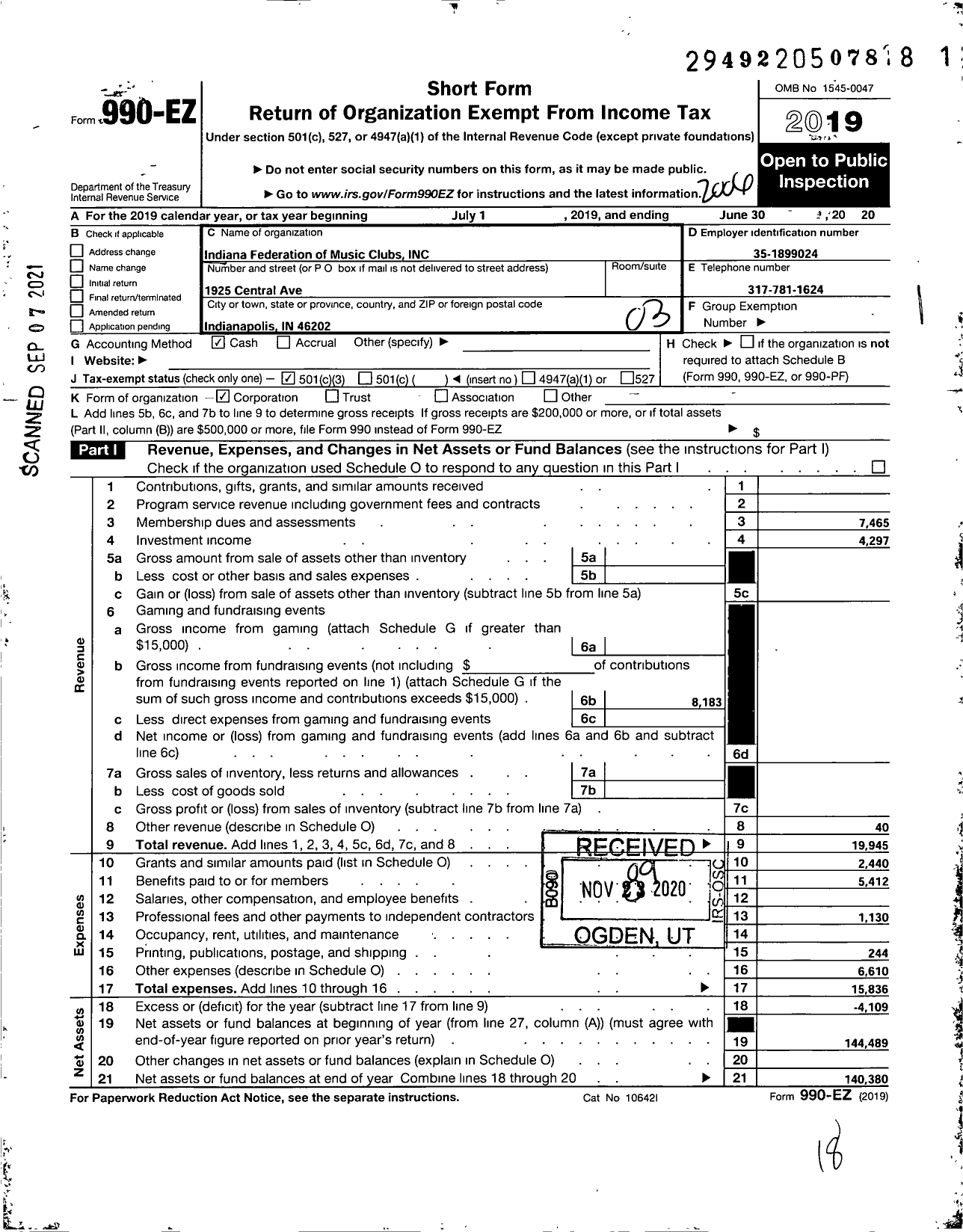 Image of first page of 2019 Form 990EZ for Indiana Arts Festival