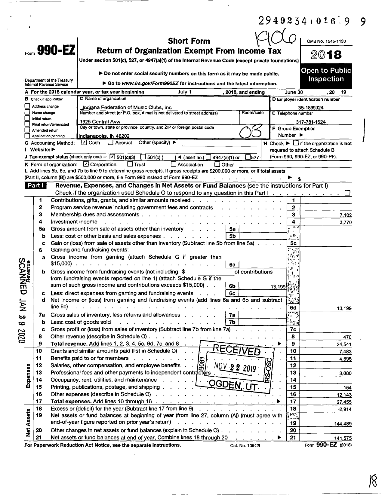 Image of first page of 2018 Form 990EZ for Indiana Arts Festival