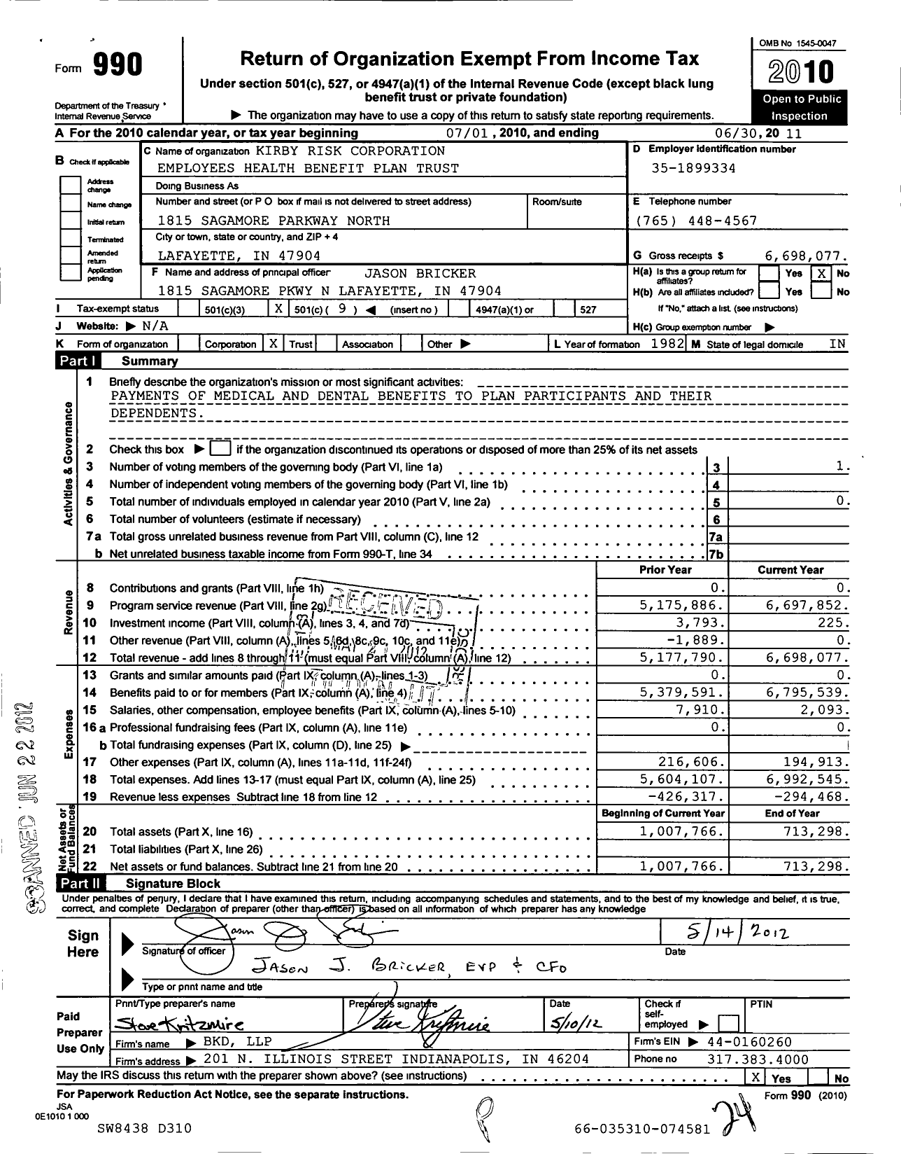 Image of first page of 2010 Form 990O for Kirby Risk Corporation Employee Benefit Plan Trust