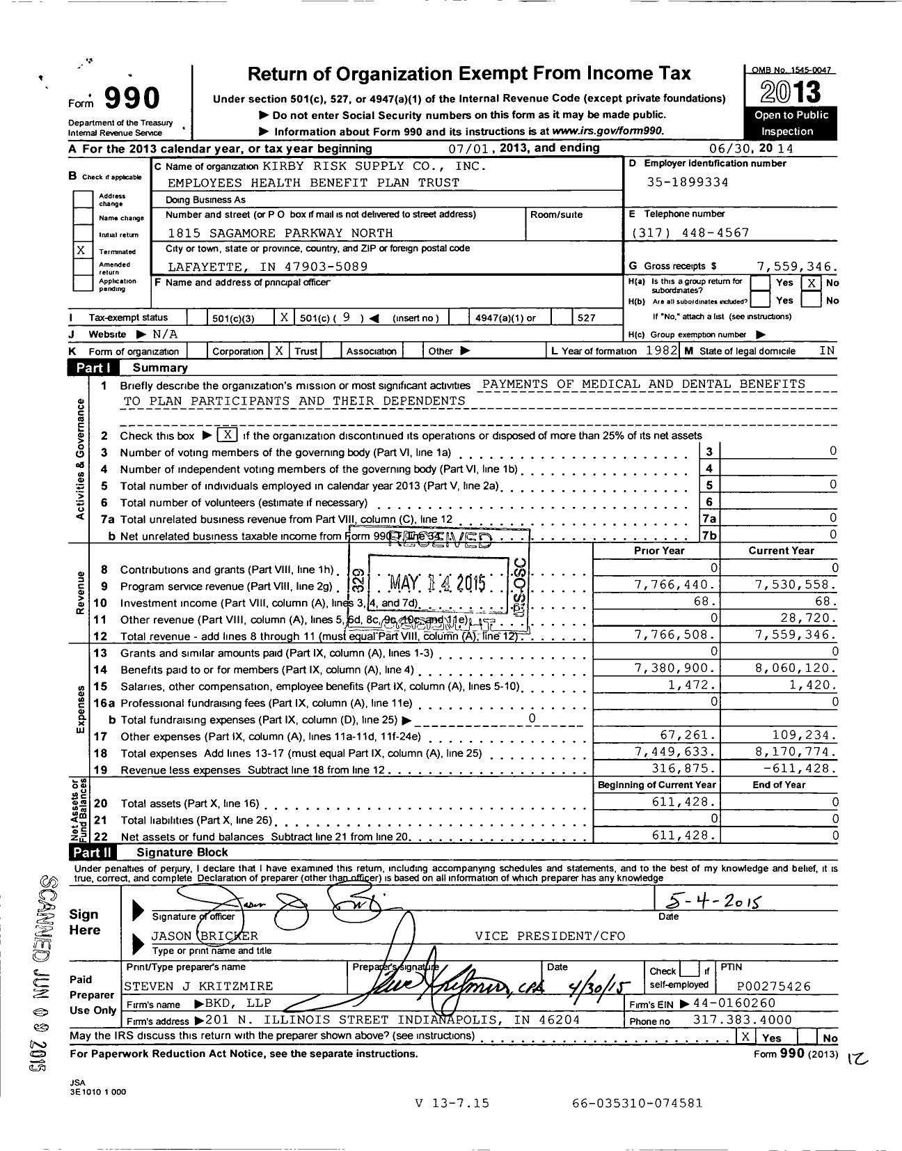 Image of first page of 2013 Form 990O for Kirby Risk Corporation Employee Benefit Plan Trust