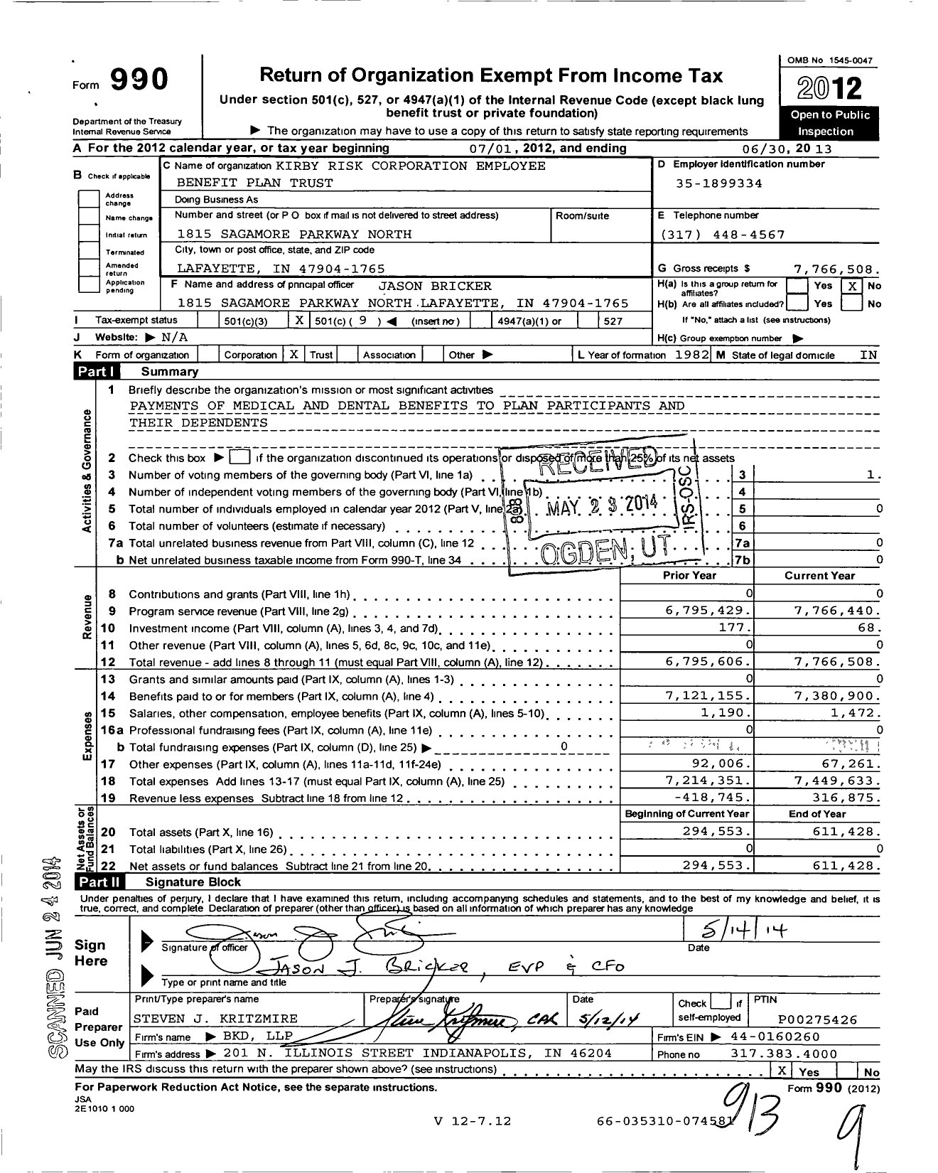 Image of first page of 2012 Form 990O for Kirby Risk Corporation Employee Benefit Plan Trust