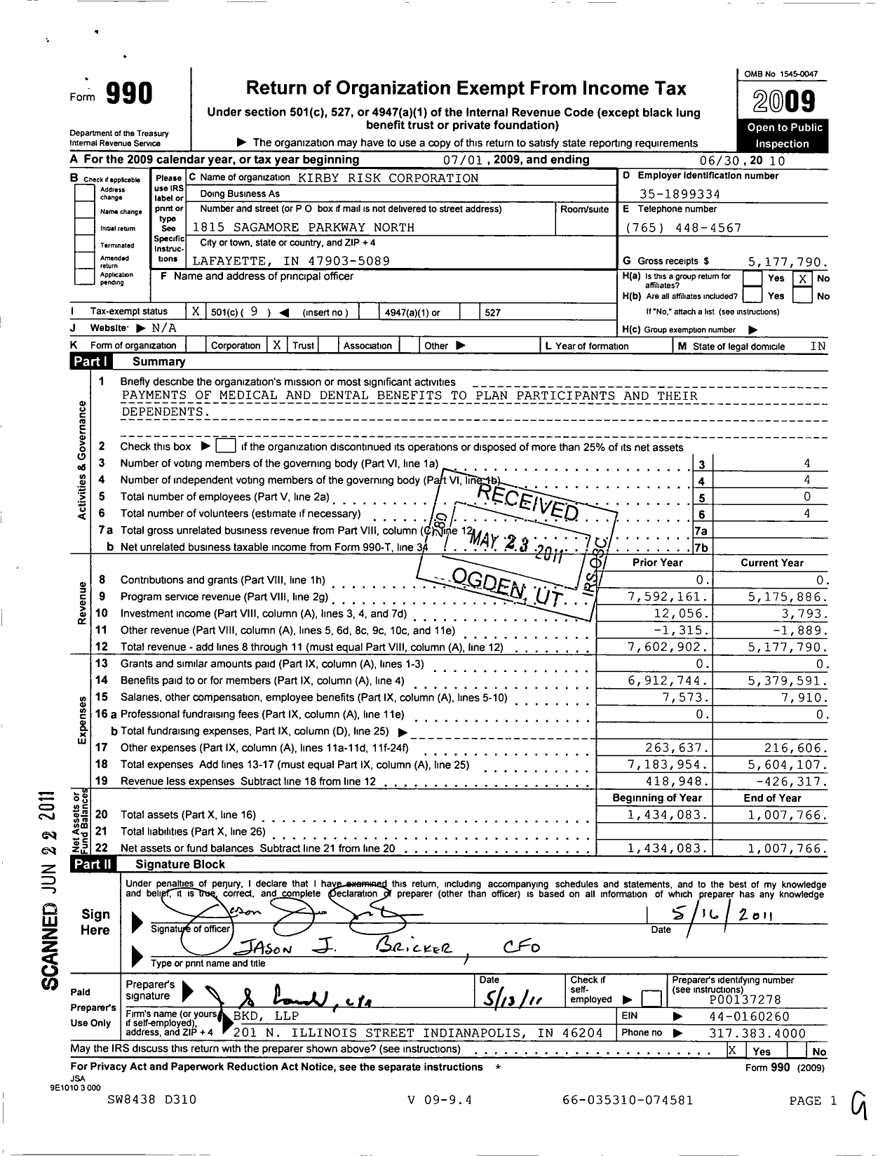 Image of first page of 2009 Form 990O for Kirby Risk Corporation Employee Benefit Plan Trust
