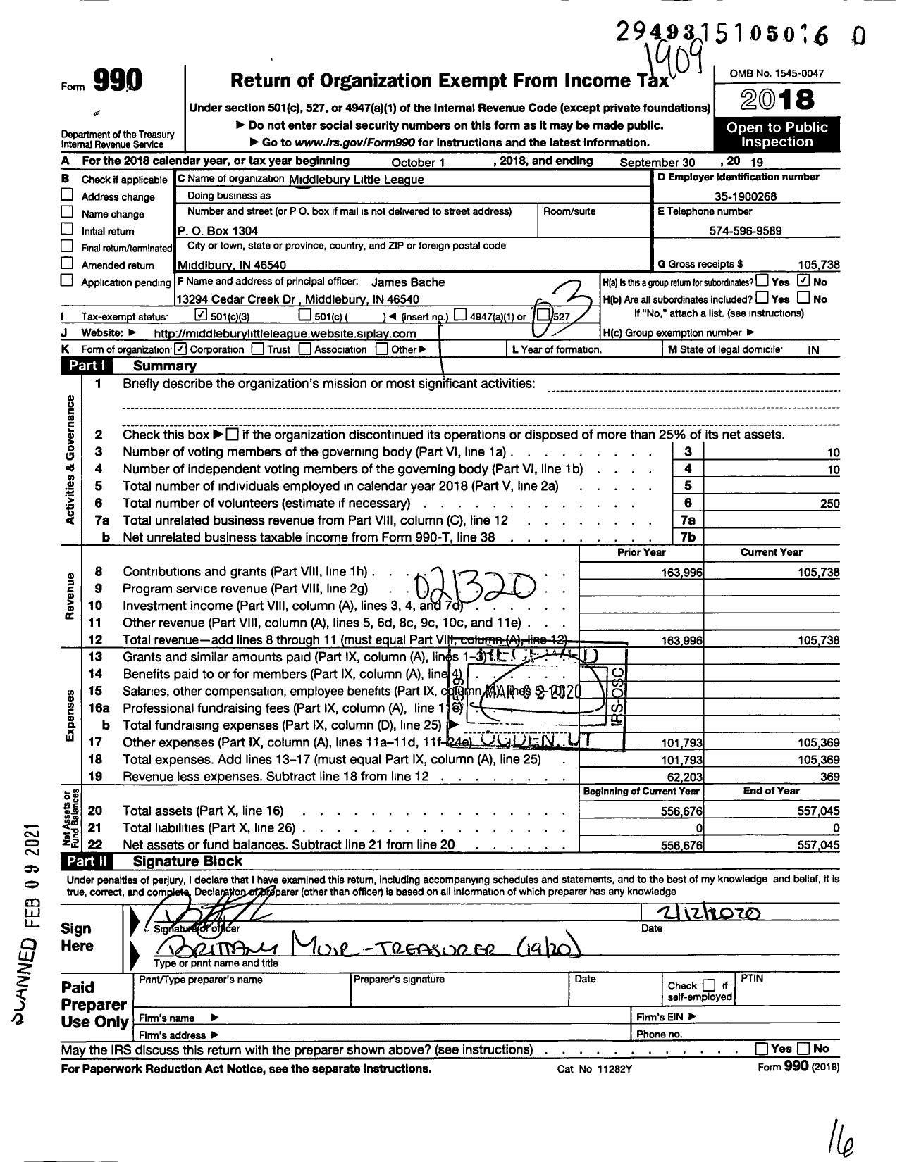 Image of first page of 2018 Form 990 for Little League Baseball - 1141410 Middlebury LL