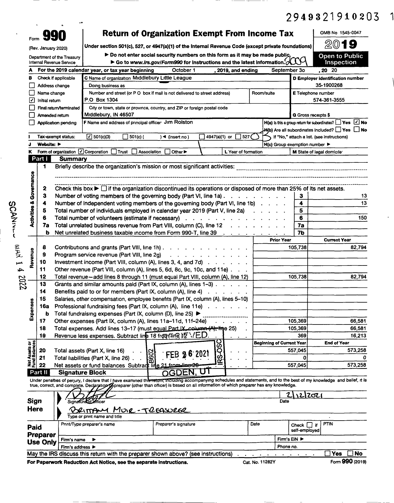 Image of first page of 2019 Form 990 for Little League Baseball - 1141410 Middlebury LL