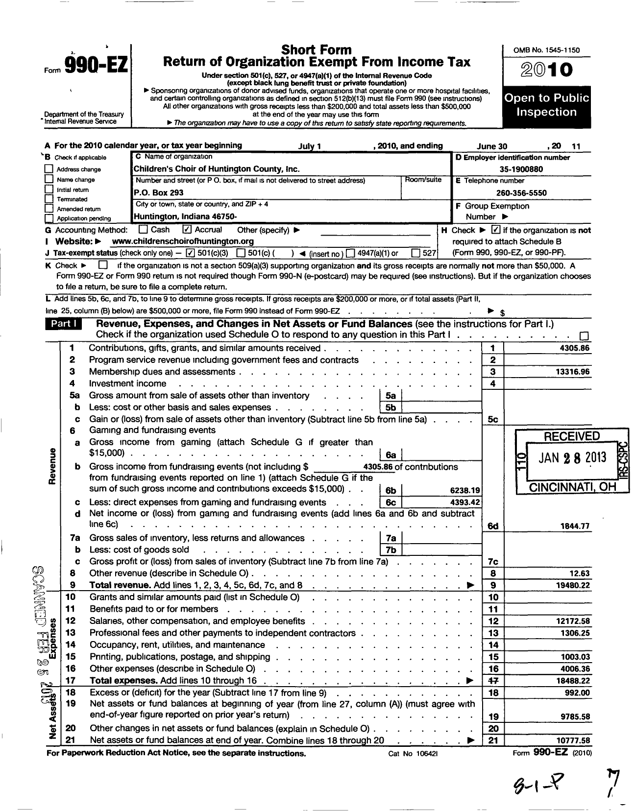 Image of first page of 2010 Form 990EZ for Childrens Choir of Huntington County