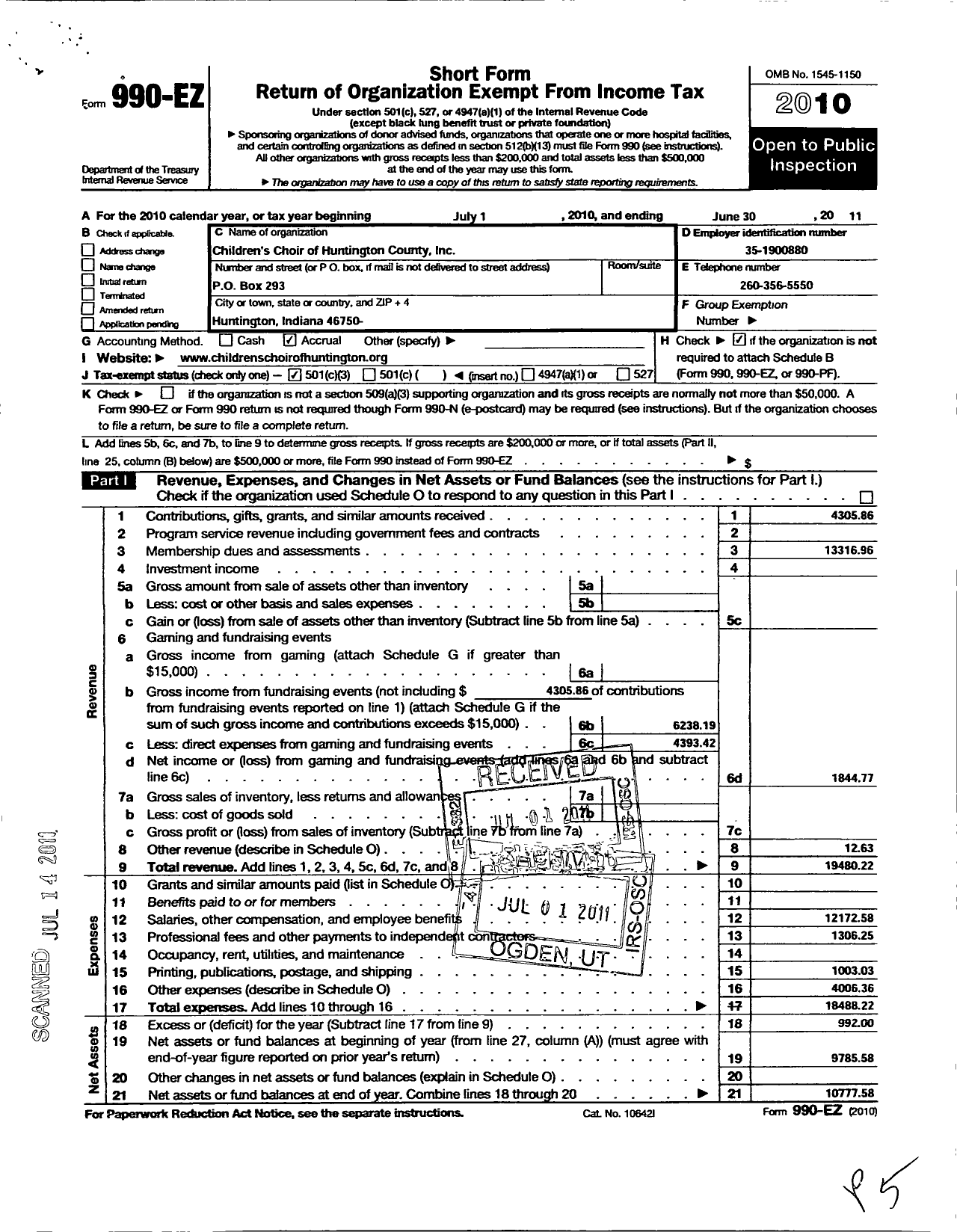 Image of first page of 2010 Form 990EZ for Childrens Choir of Huntington County