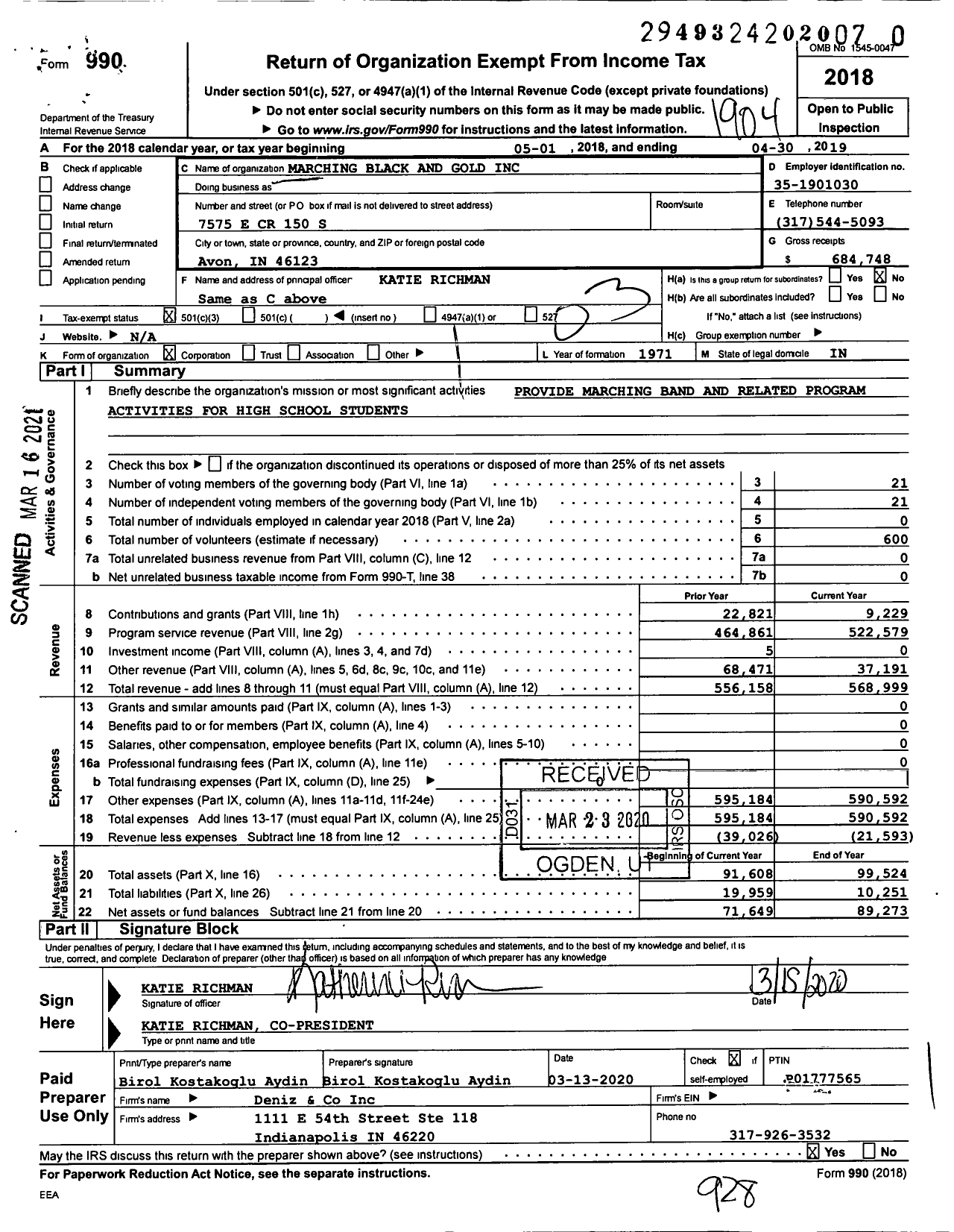 Image of first page of 2018 Form 990 for Marching Black and Gold