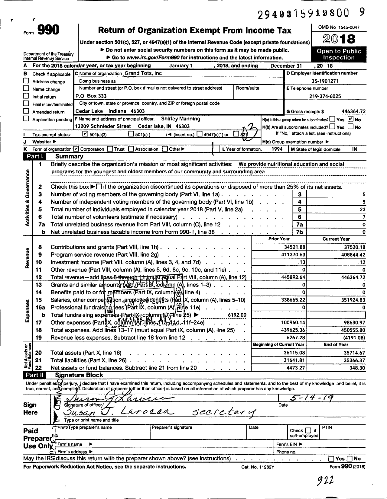 Image of first page of 2018 Form 990 for Grand Tots