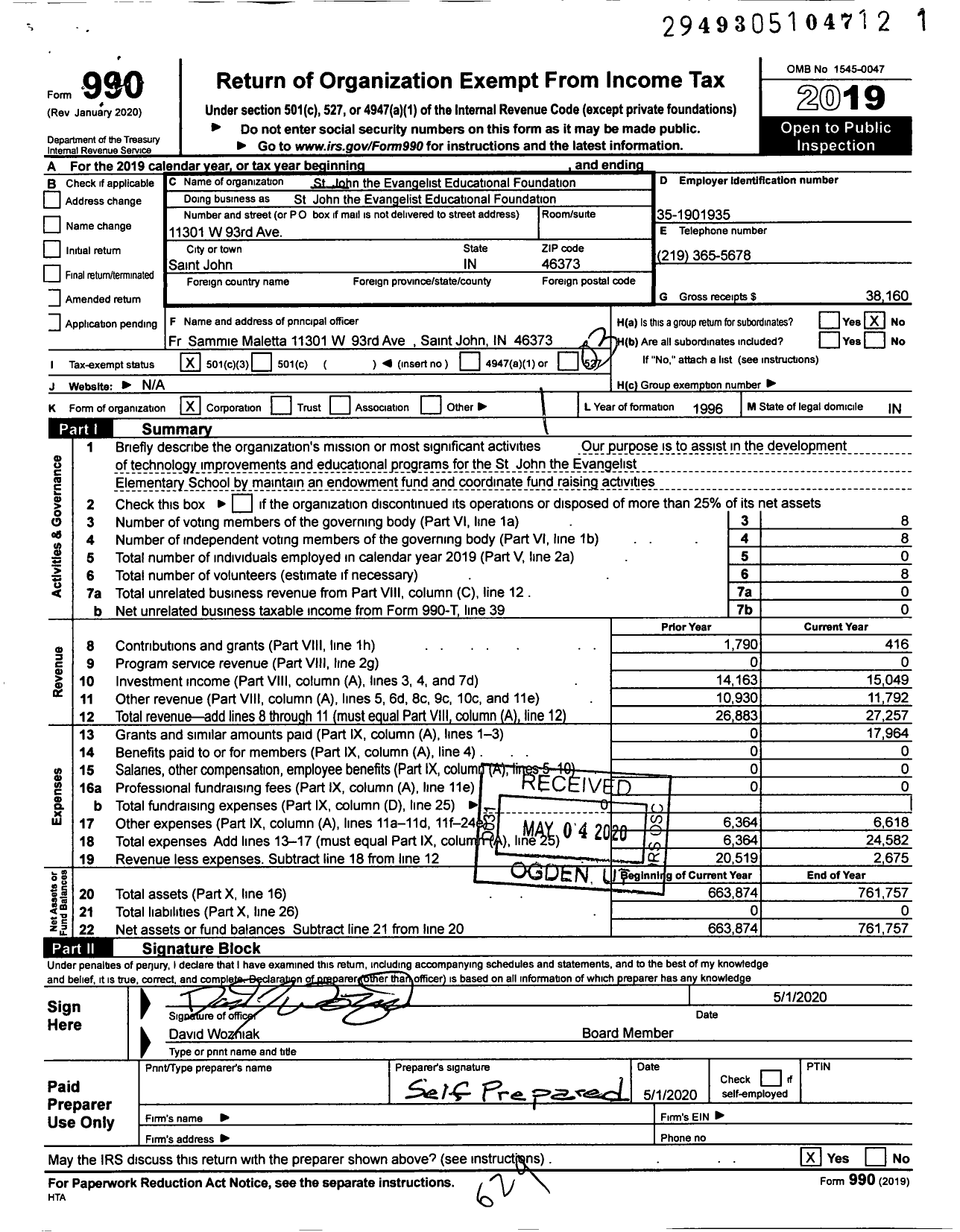 Image of first page of 2019 Form 990 for St John the Evangelist Educational Foundation