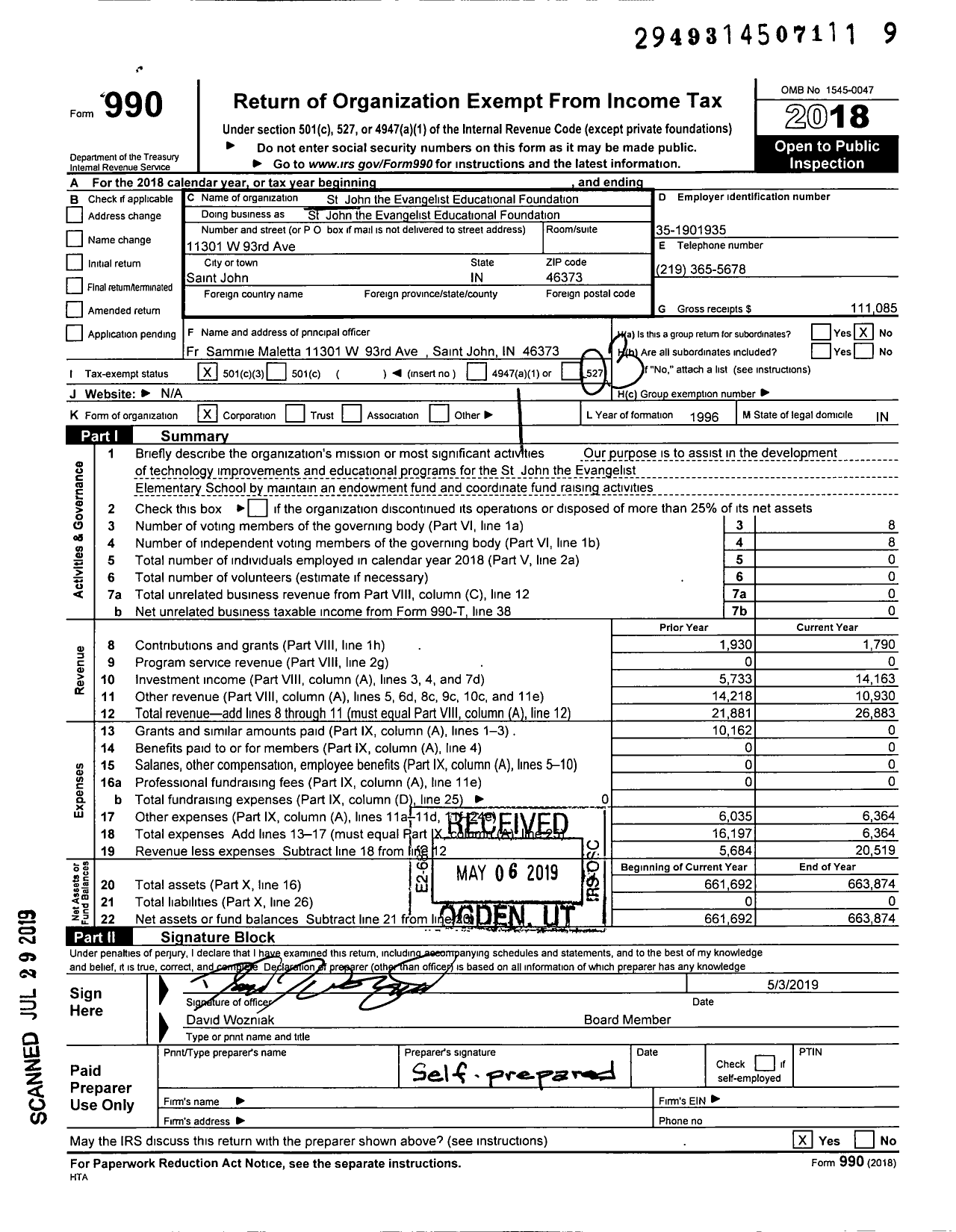 Image of first page of 2018 Form 990 for St John the Evangelist Educational Foundation