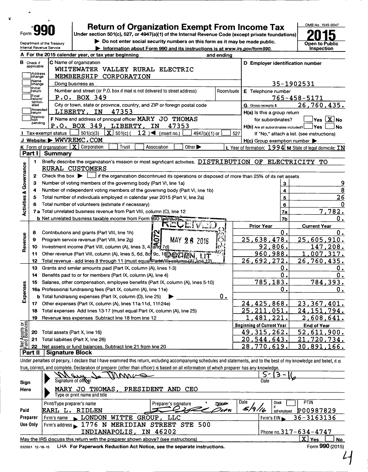 Image of first page of 2015 Form 990O for Whitewater Valley Rural Electric Membership Corporation