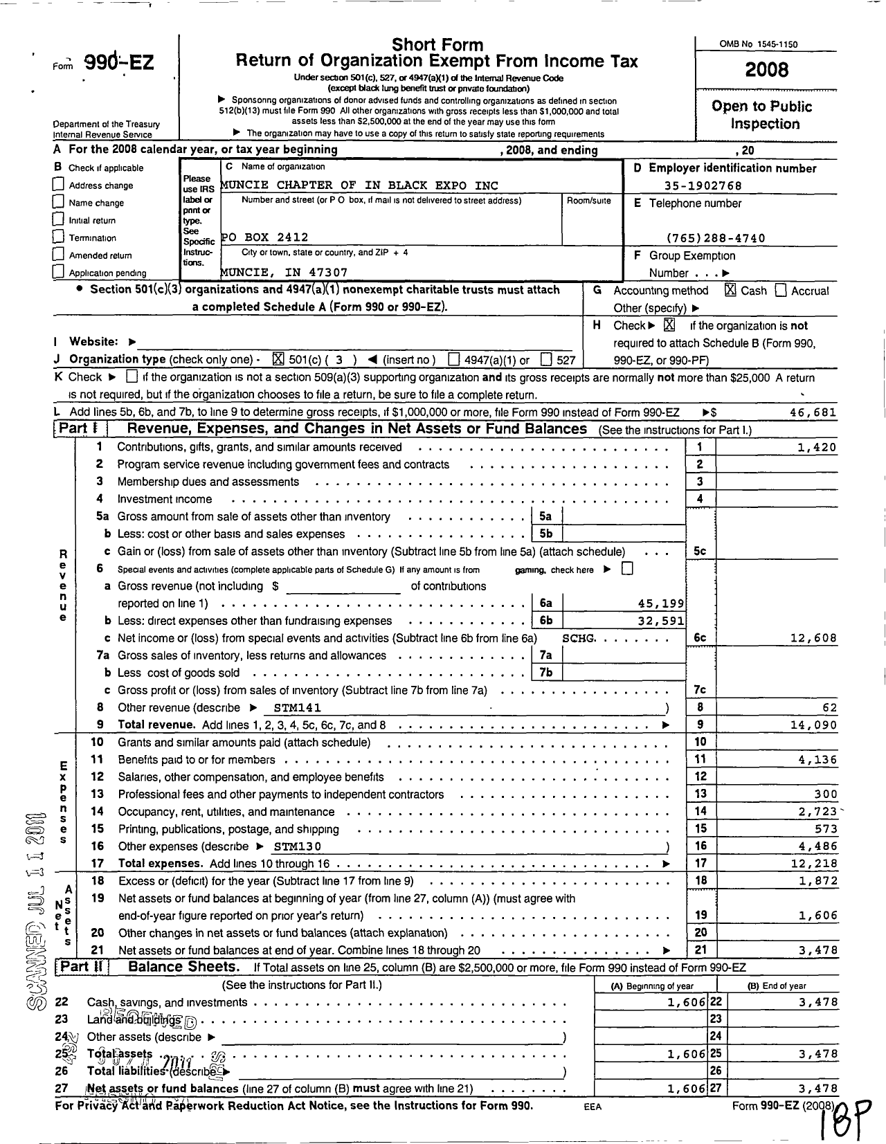 Image of first page of 2008 Form 990EZ for Indiana Black Expo / Muncie Chapter