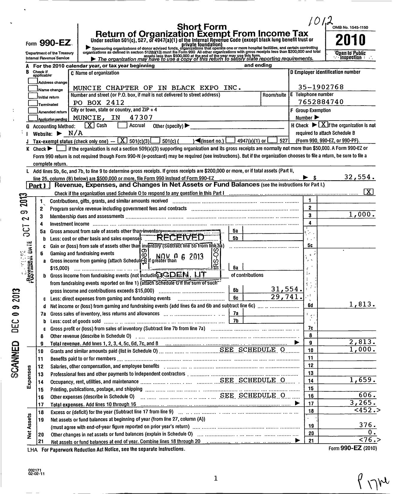 Image of first page of 2010 Form 990EZ for Indiana Black Expo / Muncie Chapter