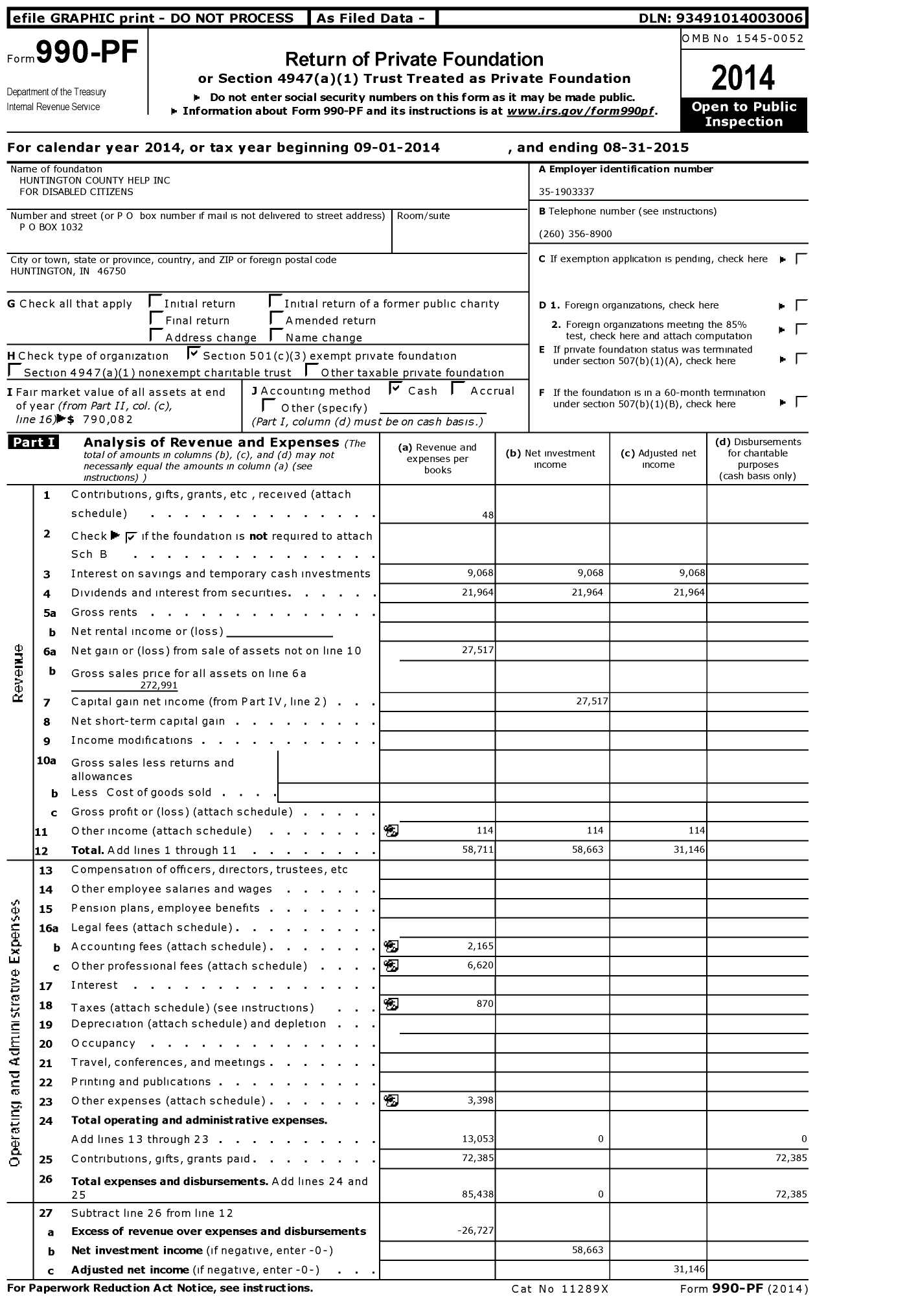 Image of first page of 2014 Form 990PF for Huntington County Help For Disabled Citizens
