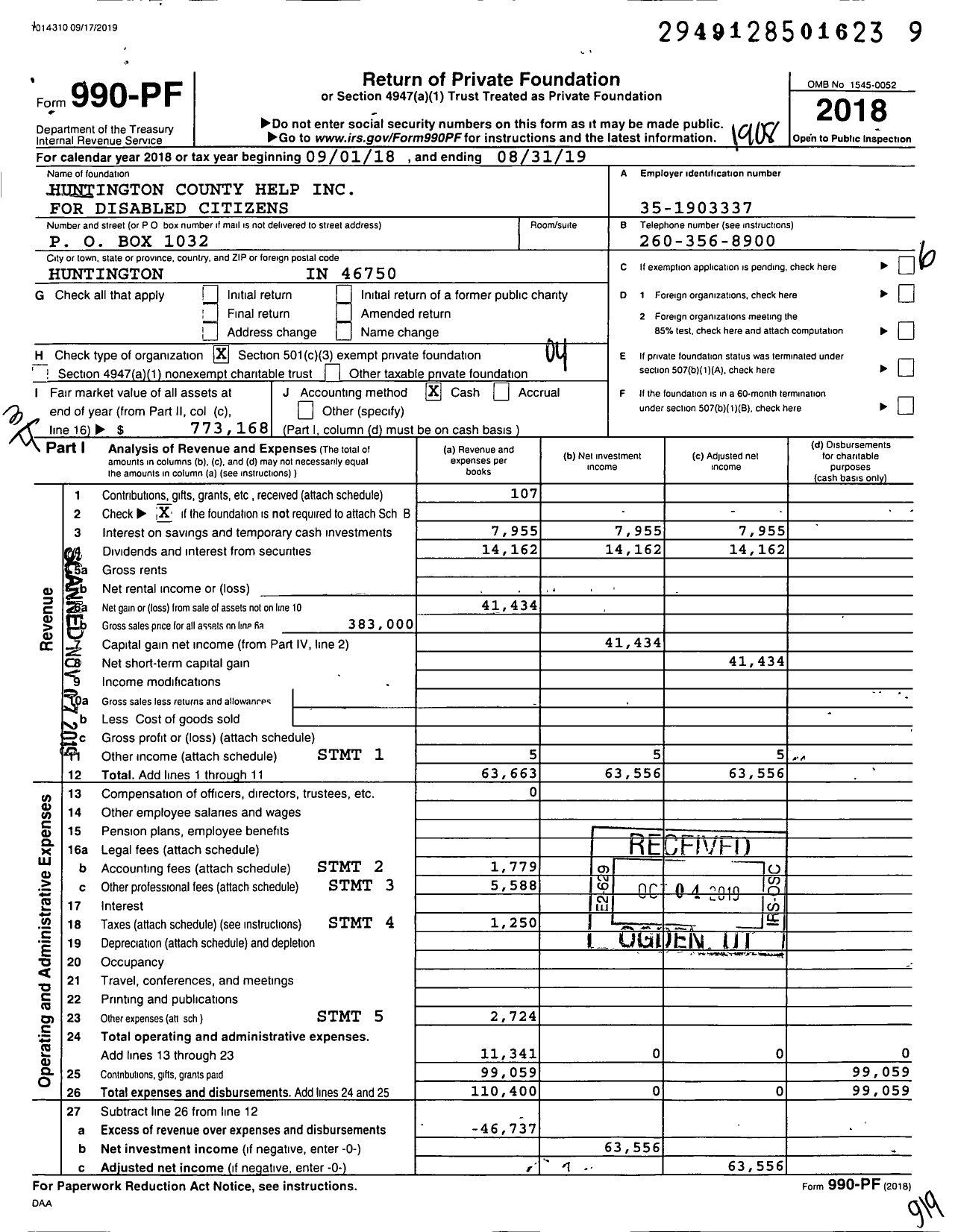 Image of first page of 2018 Form 990PF for Huntington County Help For Disabled Citizens
