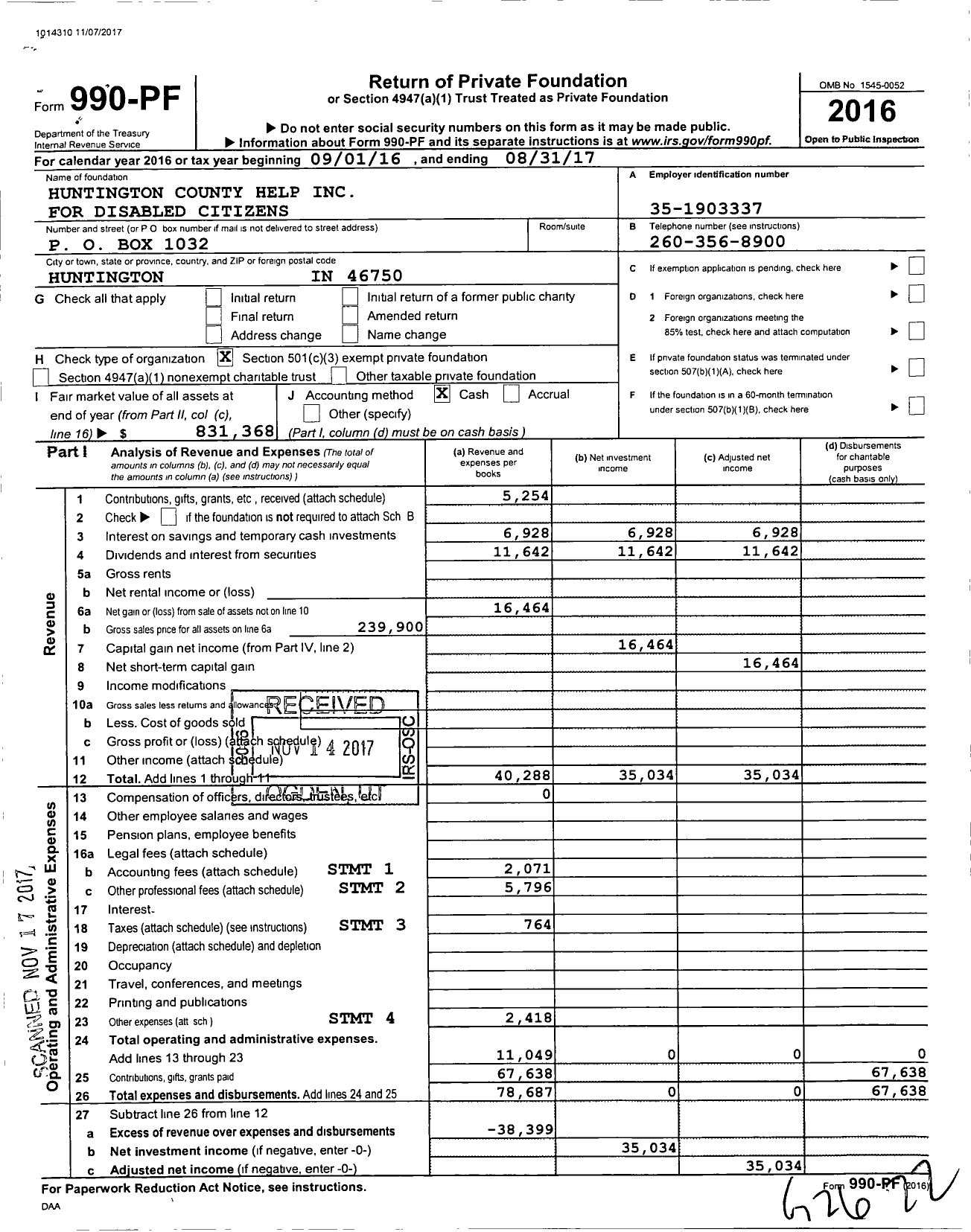 Image of first page of 2016 Form 990PF for Huntington County Help For Disabled Citizens
