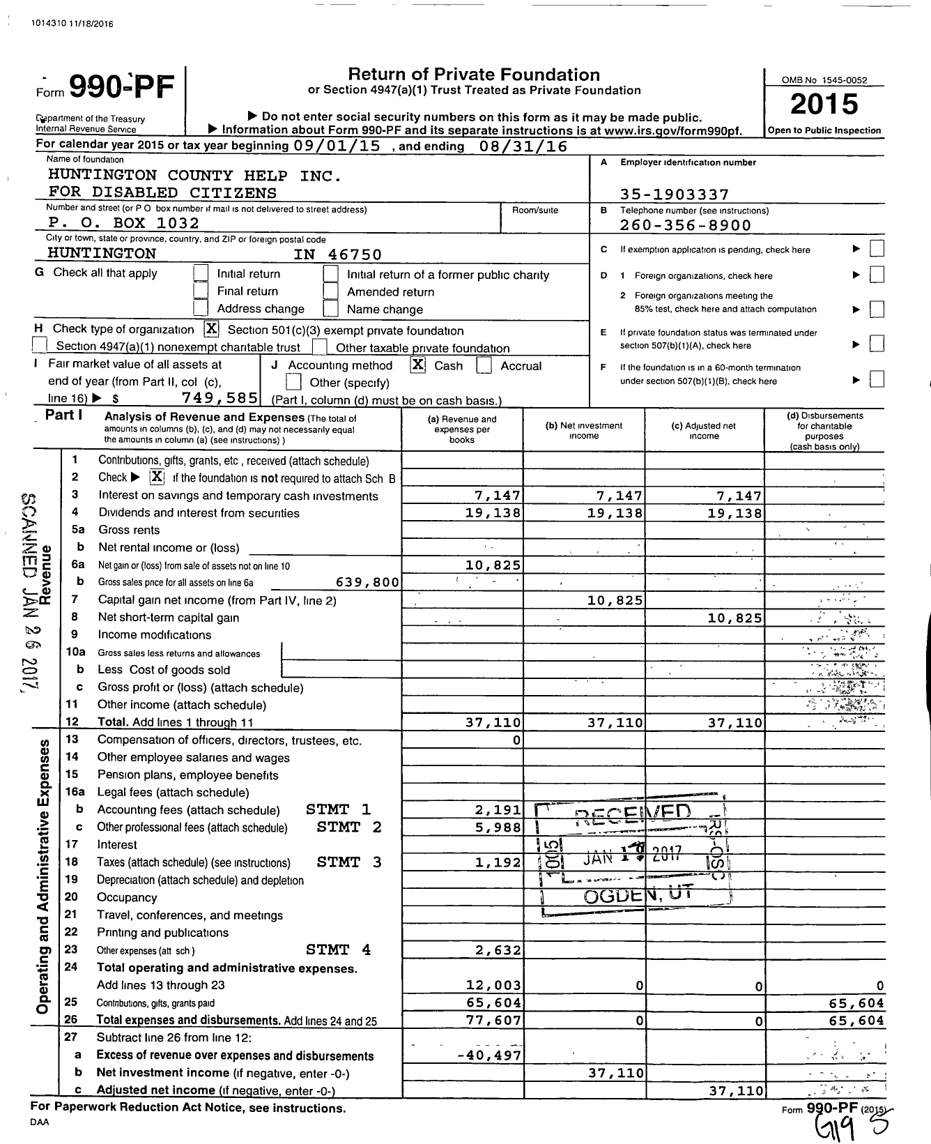 Image of first page of 2015 Form 990PF for Huntington County Help For Disabled Citizens