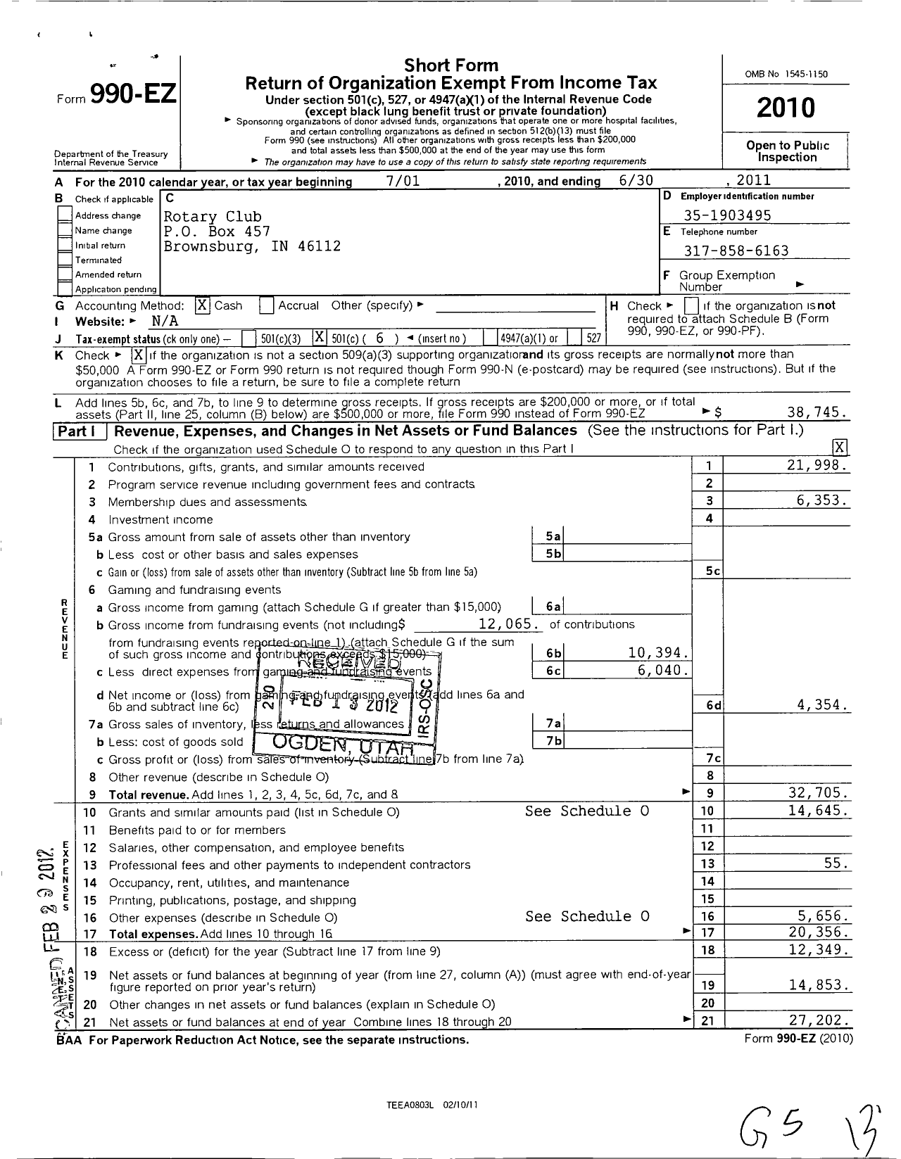 Image of first page of 2010 Form 990EO for Rotary International - Brownsburg Indiana USA