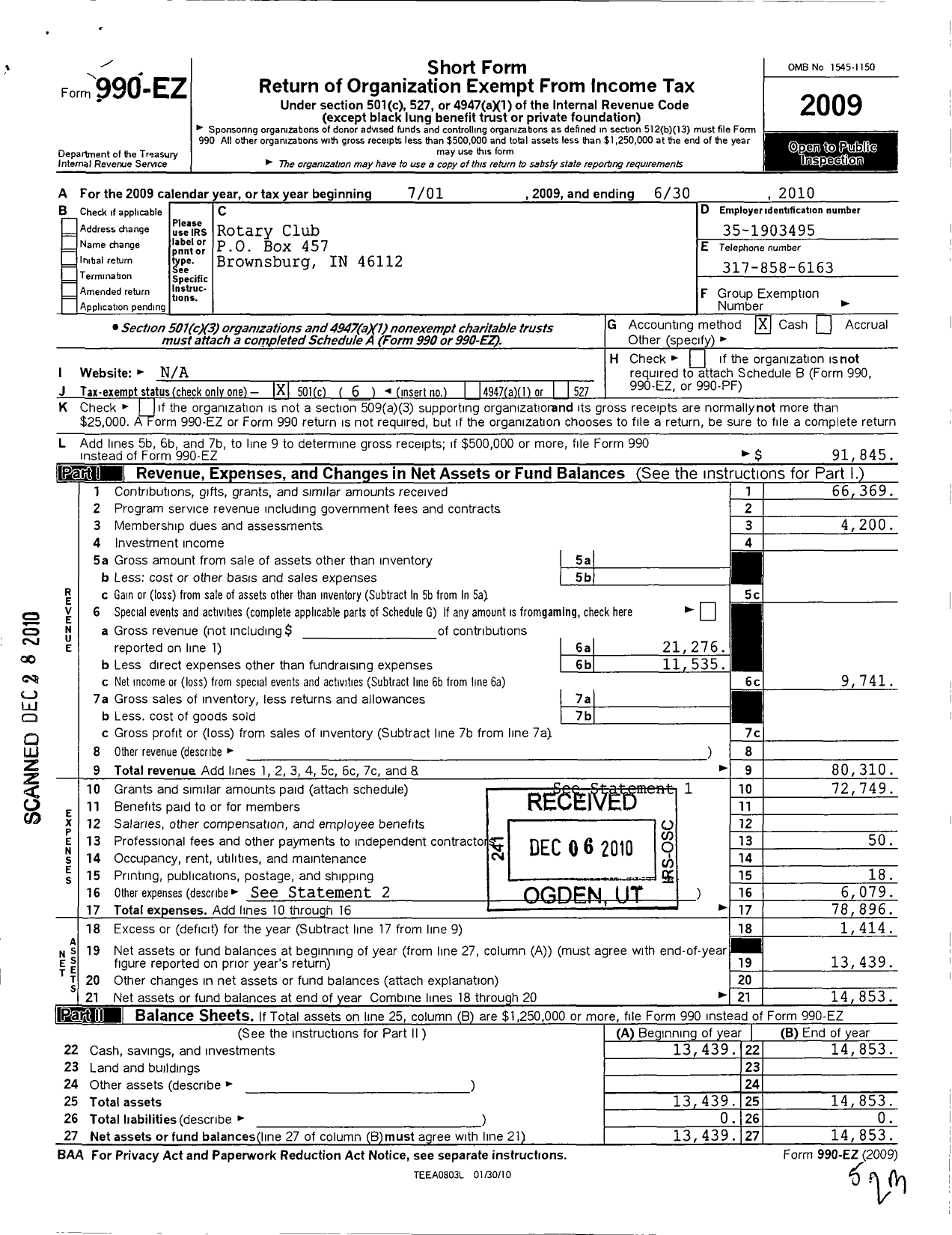 Image of first page of 2009 Form 990EO for Rotary International - Brownsburg Indiana USA