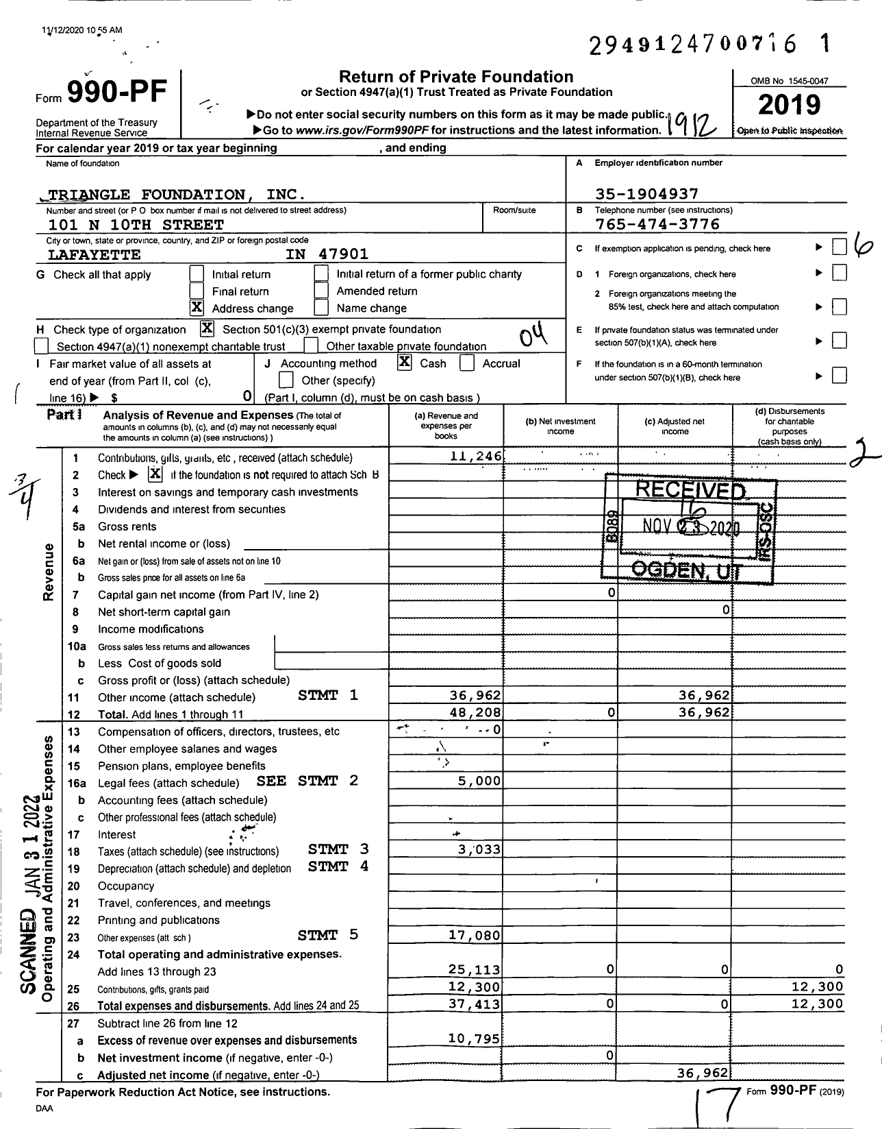 Image of first page of 2019 Form 990PF for Triangle Foundation