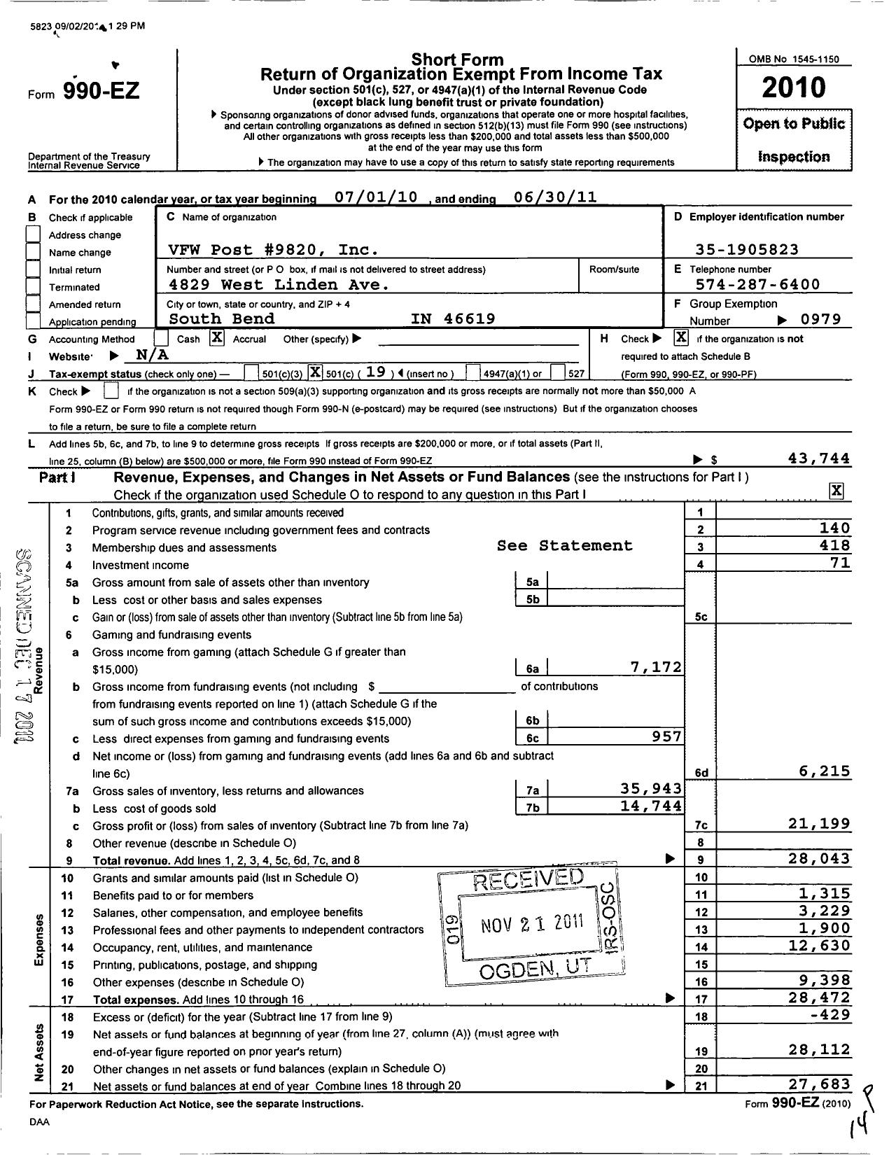 Image of first page of 2010 Form 990EO for VFW Department of Indiana - 9820 VFW Post