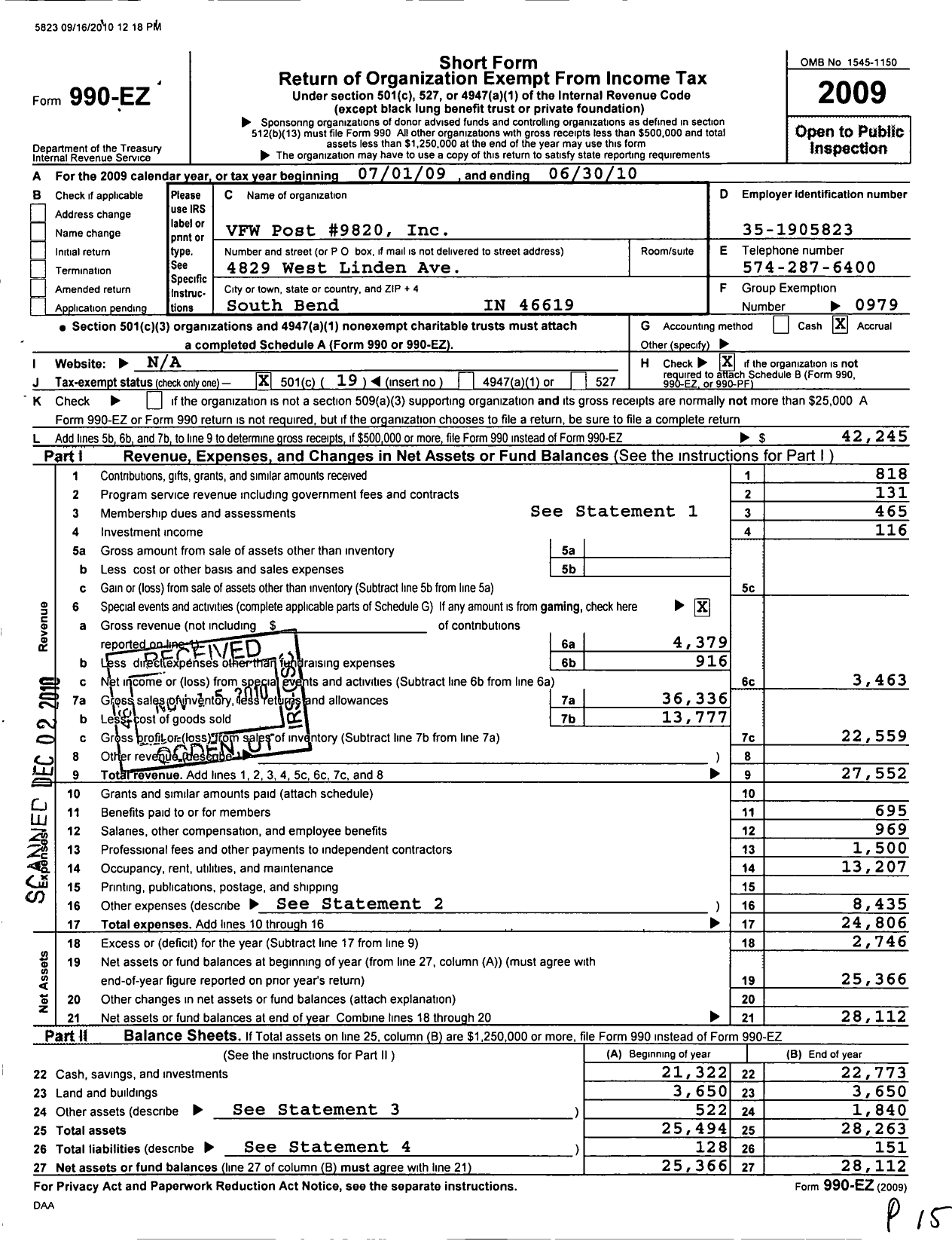 Image of first page of 2009 Form 990EO for VFW Department of Indiana - 9820 VFW Post