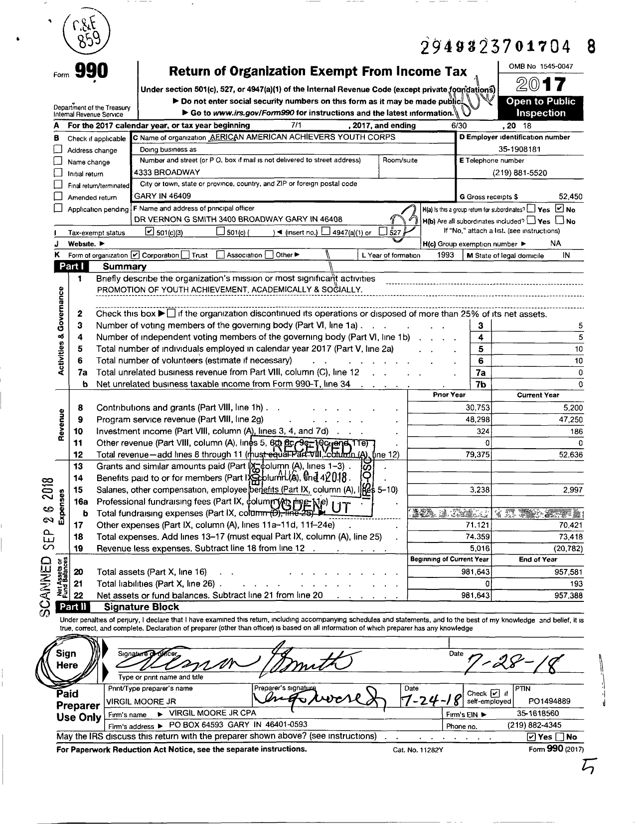 Image of first page of 2017 Form 990 for African American Achievers Youth Corps