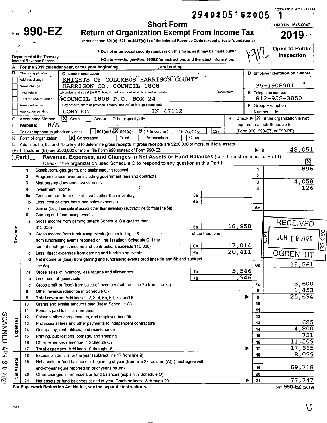 Image of first page of 2019 Form 990EO for Knights of Columbus - 1808 Pope John Paul Ii Council