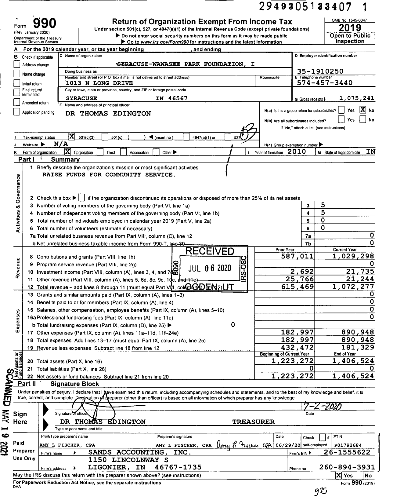 Image of first page of 2019 Form 990 for Syracuse-Wawasee Park Foundation I