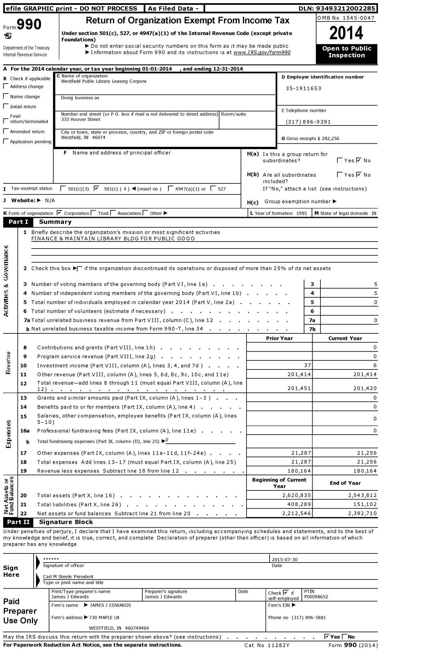 Image of first page of 2014 Form 990O for Westfield Public Library Leasing Corpora