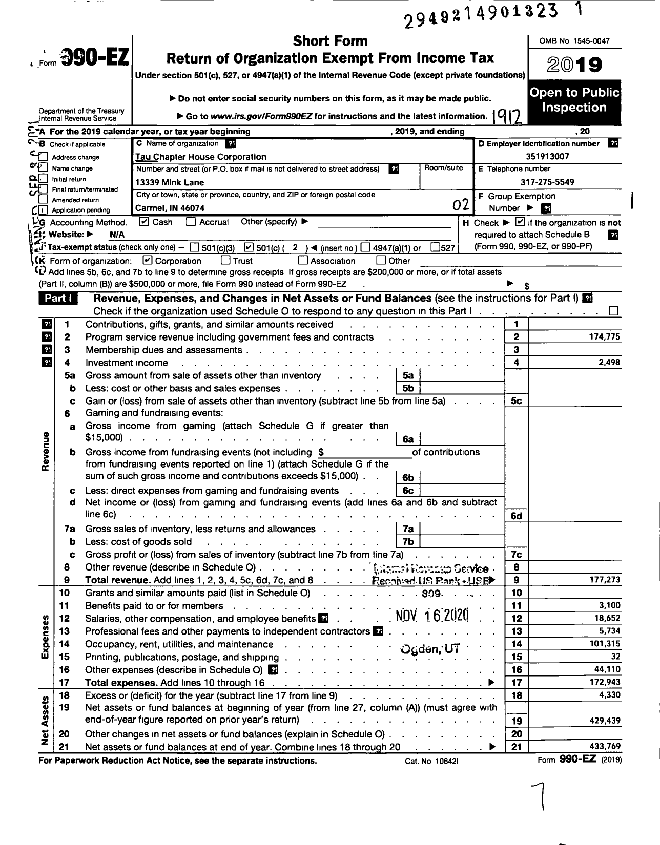 Image of first page of 2019 Form 990EO for Tau Chapter House Corpration