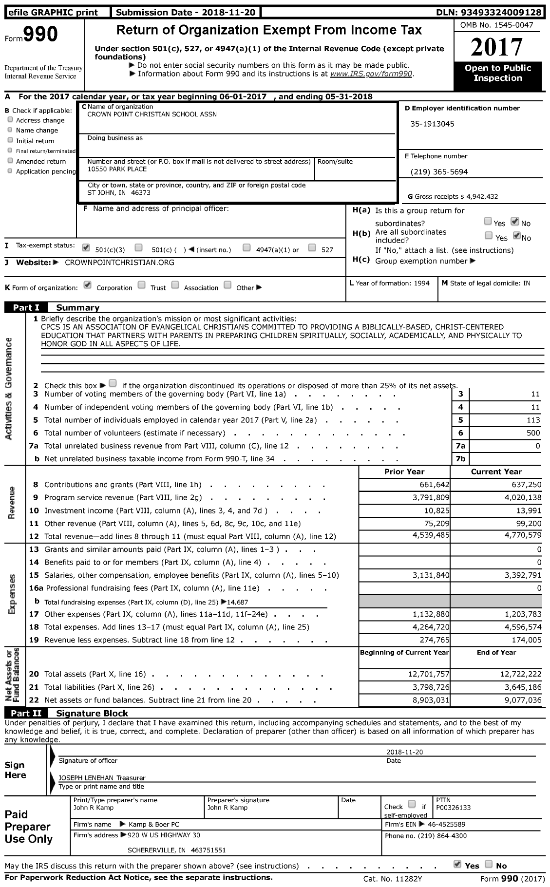 Image of first page of 2017 Form 990 for Crown Point Christian School (CPCS)