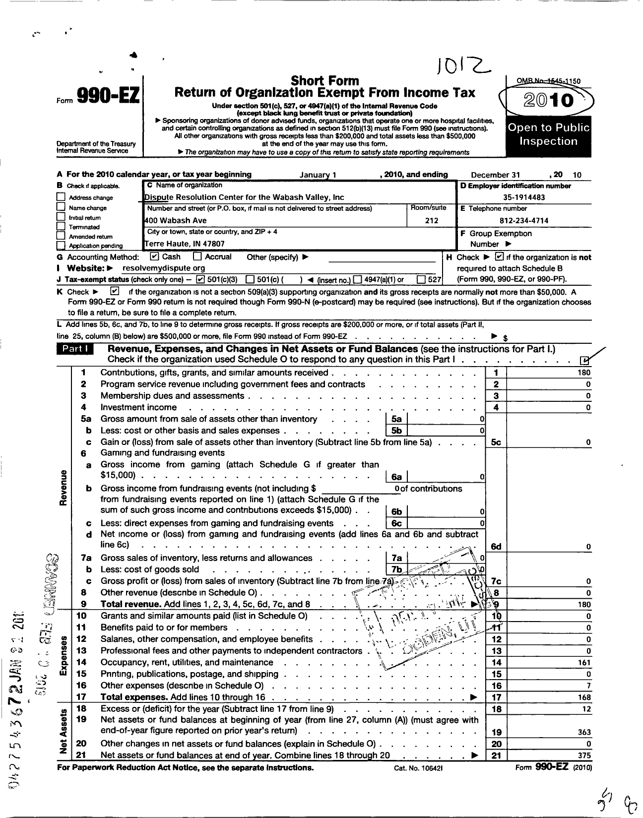 Image of first page of 2010 Form 990EZ for Dispute Resolution Center for the Wabash Valley