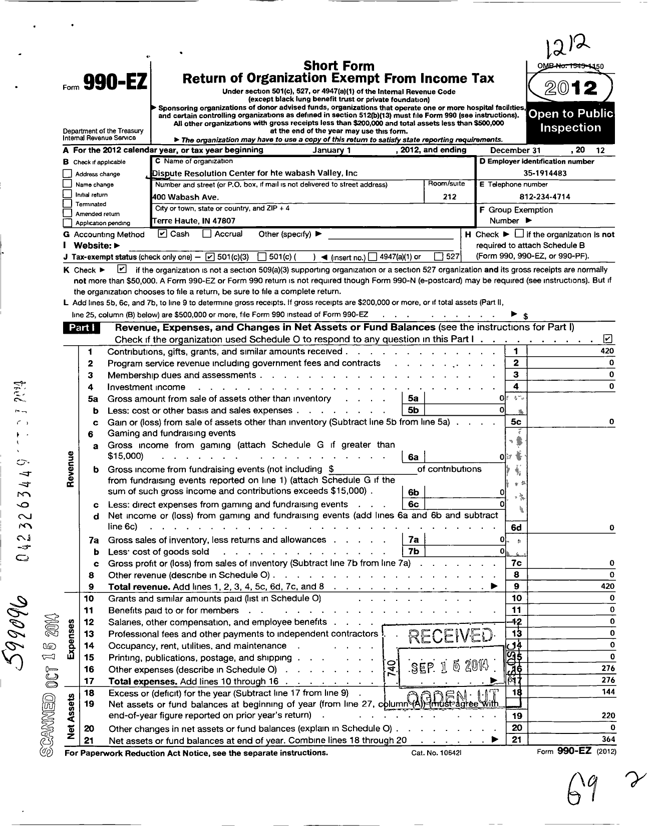 Image of first page of 2012 Form 990EZ for Dispute Resolution Center for the Wabash Valley