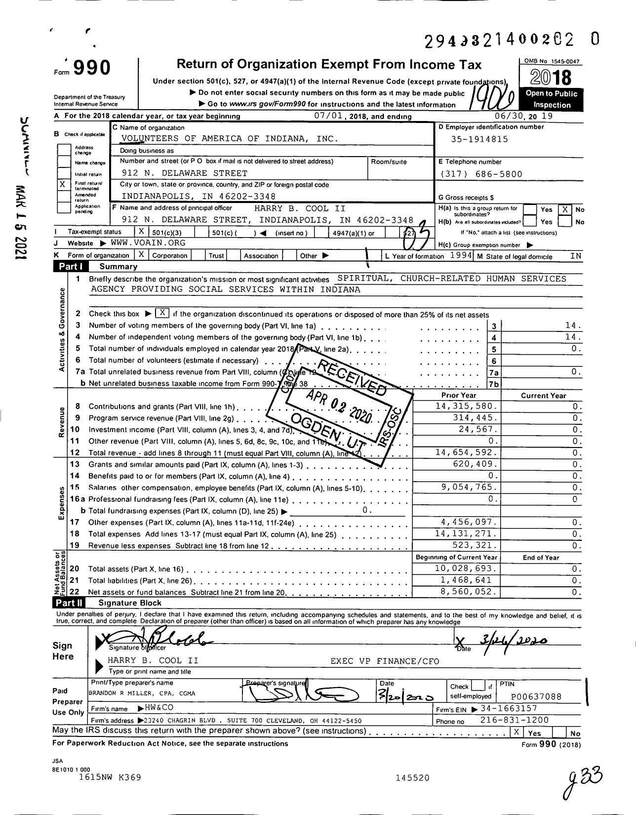 Image of first page of 2018 Form 990 for Volunteers of America - Volunteers of America of Indiana