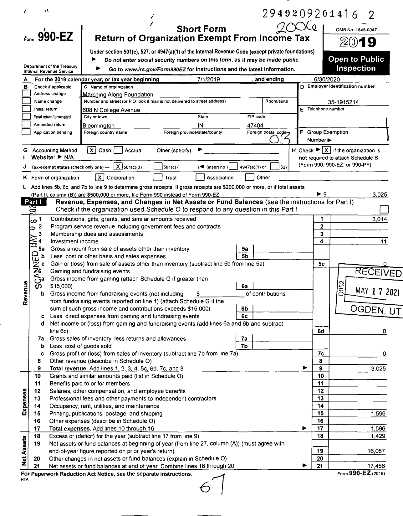 Image of first page of 2019 Form 990EZ for Marching Along Foundation